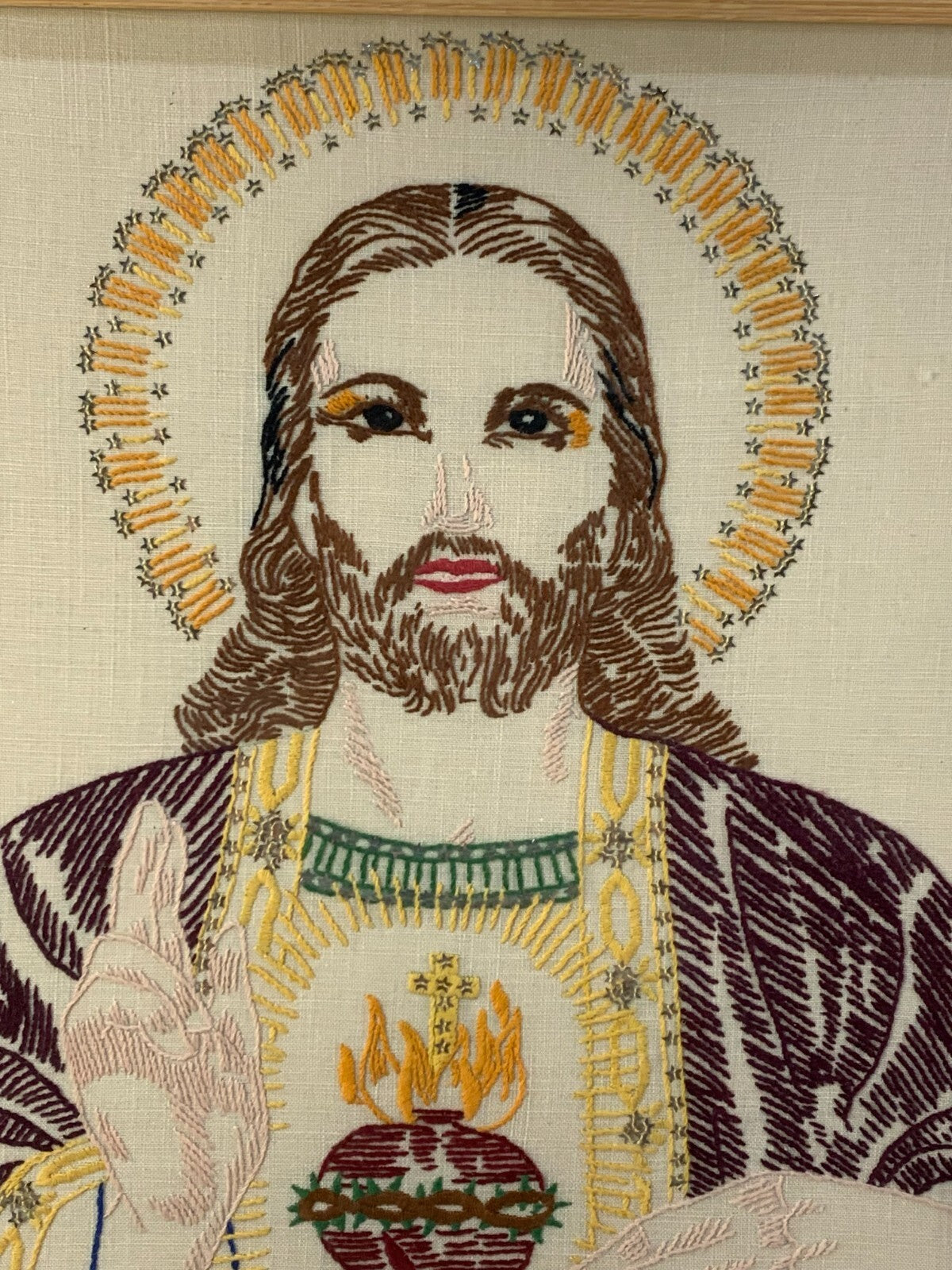 Vintage Jesus Sacred Heart Embroidery Unique Rare Art Folk Religious Outsider