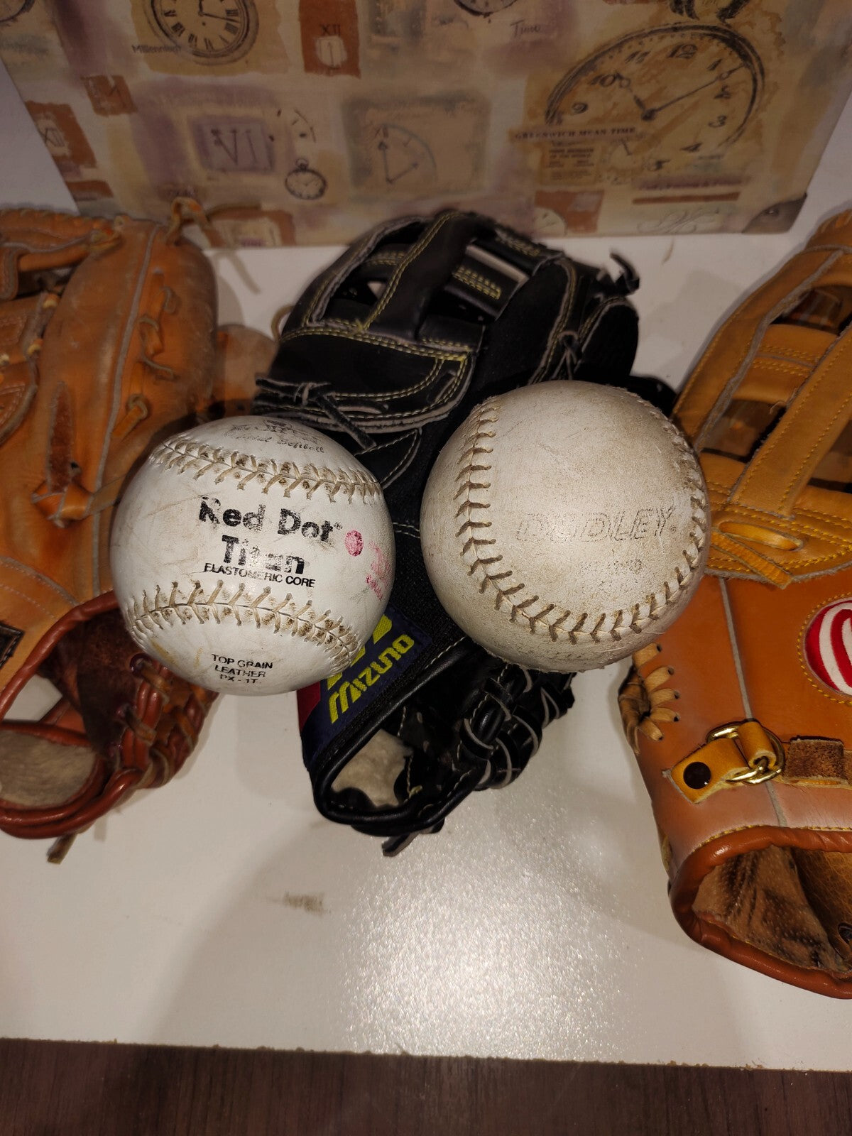 3 Rare Base-Ball Gloves and 2 Base-Ball Balls