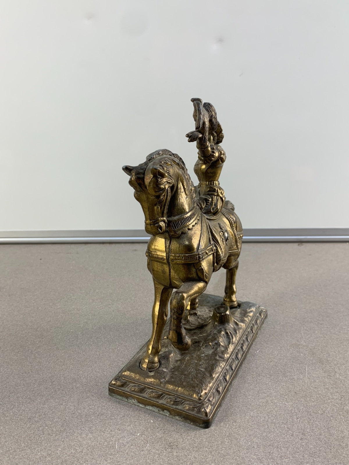 Vintage French bronze sculpture, statue, knight with his hawk on his horse