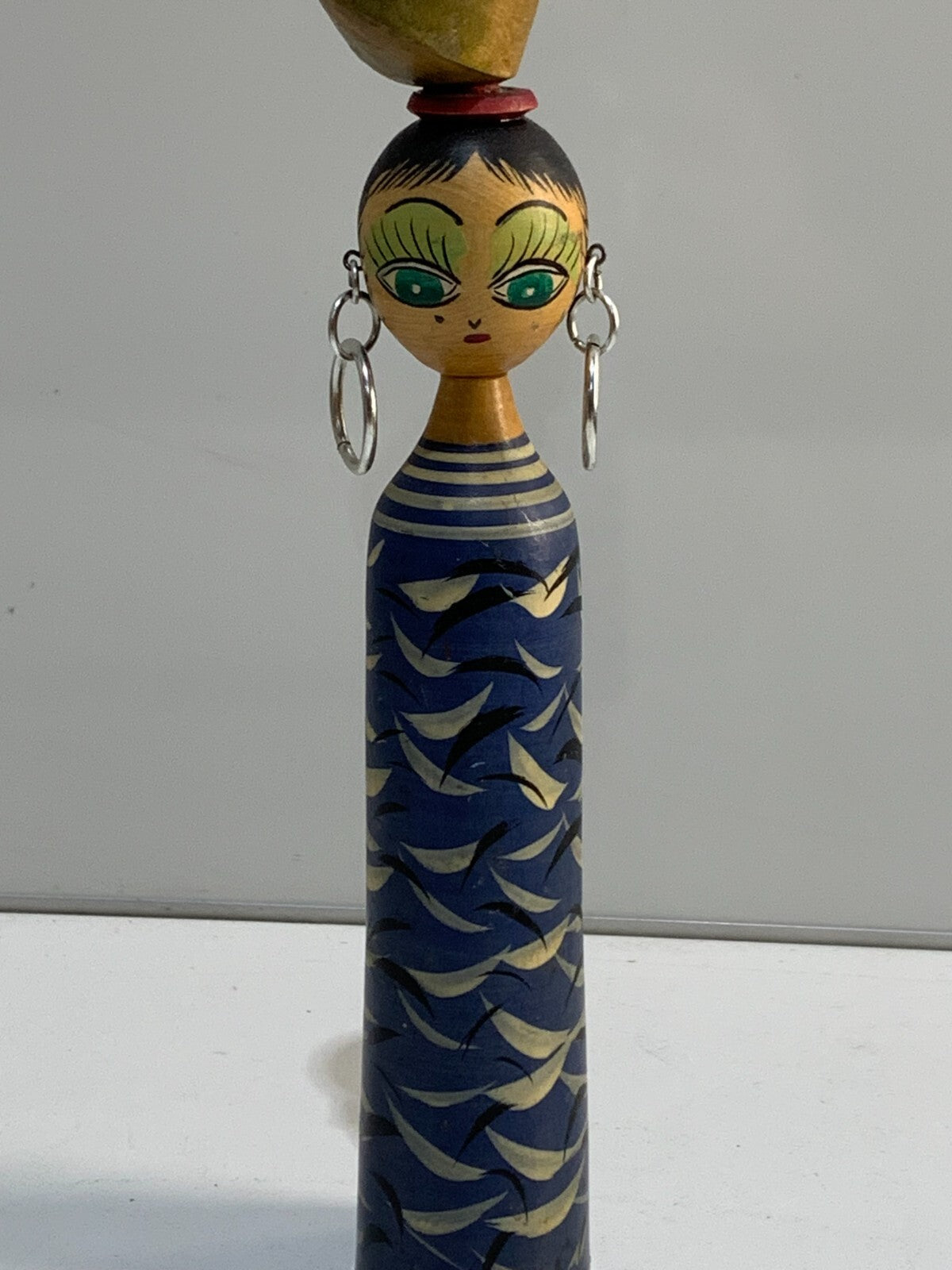 Vintage Middle Eastern Hand Painted Wood Figurine Spindle Doll