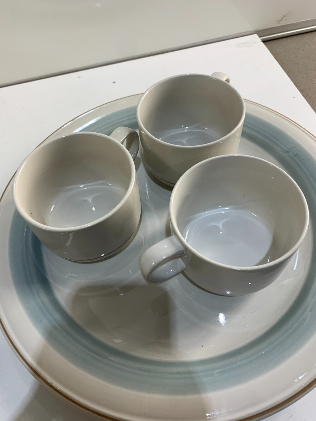 Vintage Genuine Stoneware Country Morn Coffee Cups, Creamer, Sugar Bowl & Plate