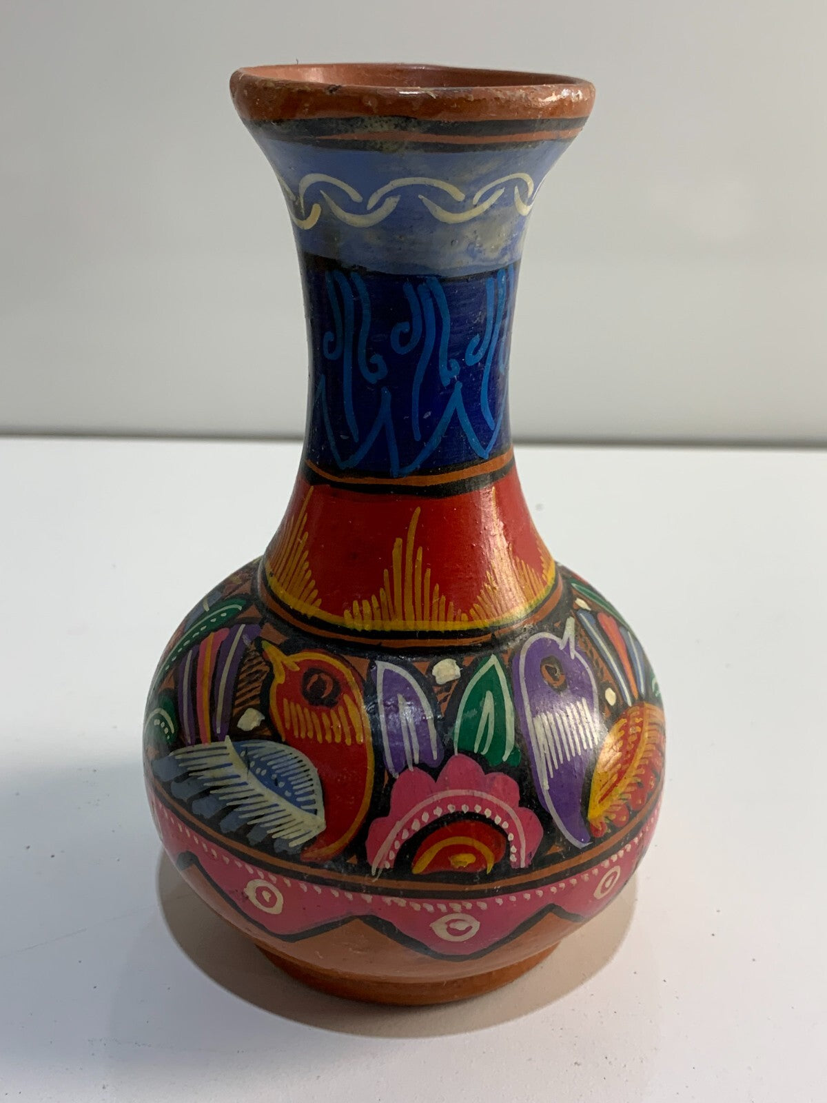 Vintage Mexican Storytellers Hand Painted Folk Art Terracotta Bud Vase