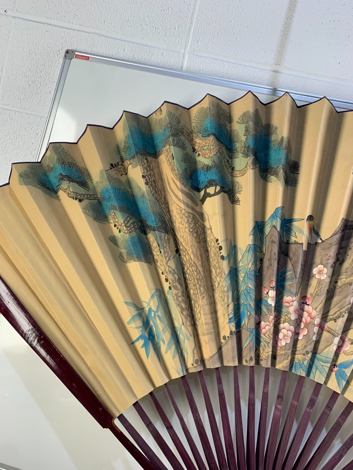 Vintage Large Chinese Wall Art Fan Landscape Birds Plum Blossoms Hand Painted
