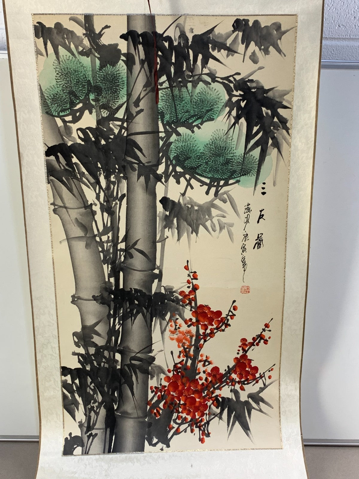Rare Chinese Scroll Painting Bamboo & Plum Blossom – Calligraphy by Ding Yanyong