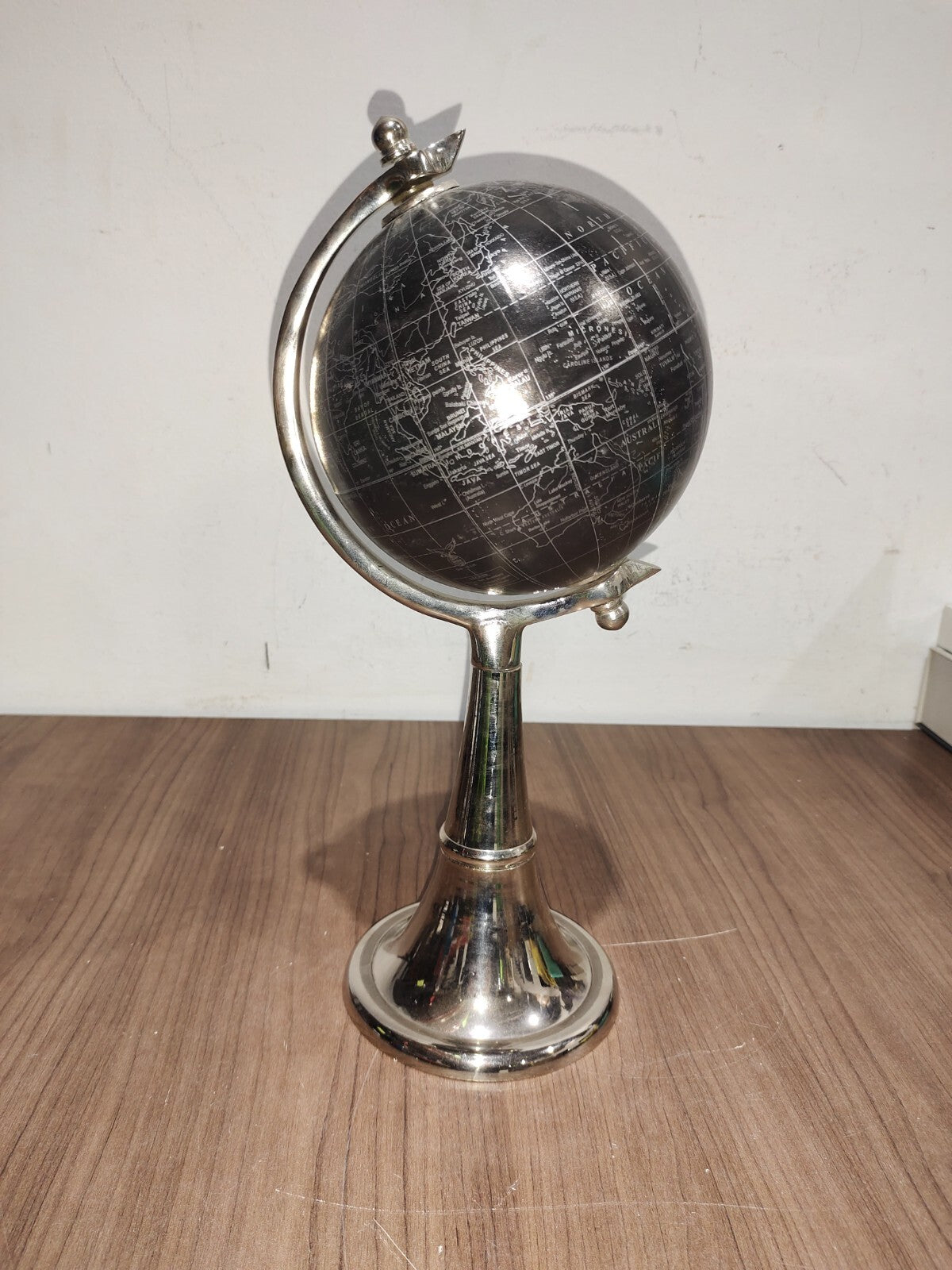Vintage Silver Metal Base Rotating World Globe 17” Tall - Rare Black