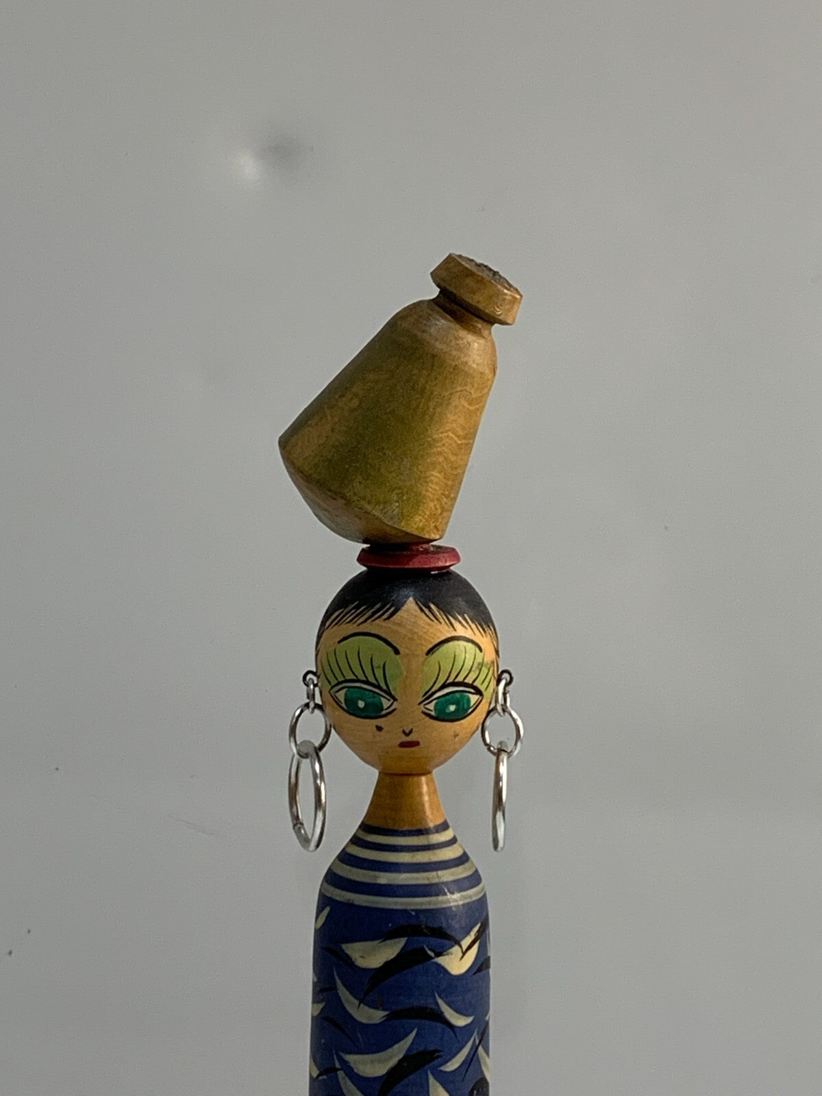 Vintage Middle Eastern Hand Painted Wood Figurine Spindle Doll
