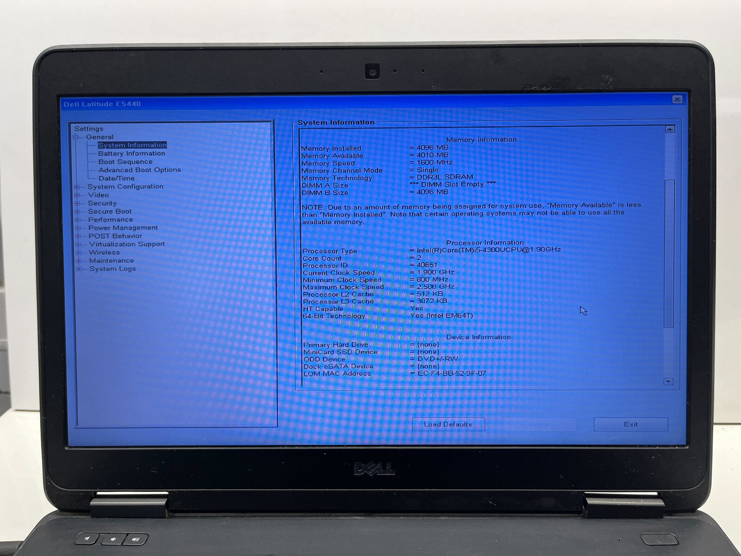Dell Latitude E5440 i5 4300U @ 1.90 GHz 4GB RAM No HDD No OS