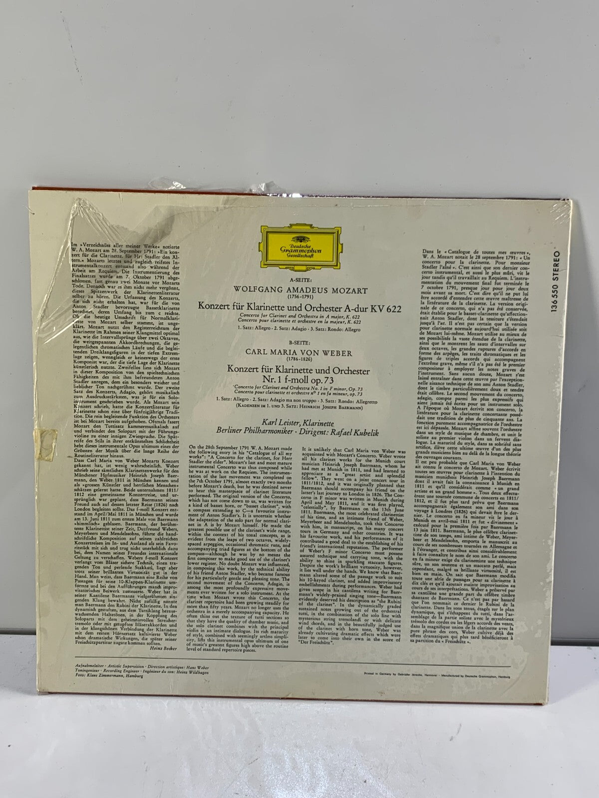 DG 136 550 - MOZART/WEBER -Clarinet Concertos LEISTER /KUBELIK- Ex LP Record