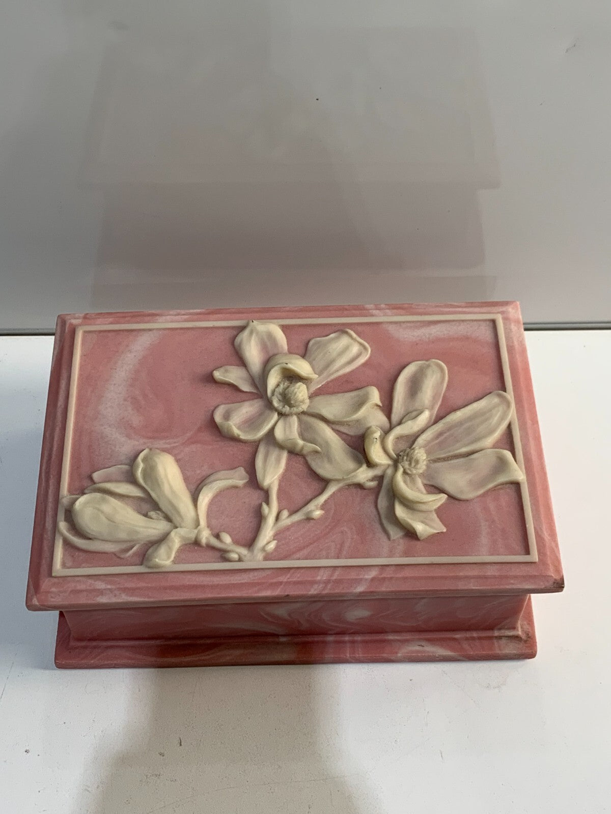 Vintage Design Gift Rose Trinket Box 80s Pink Soapstone Vanity Bath Jewelry Box