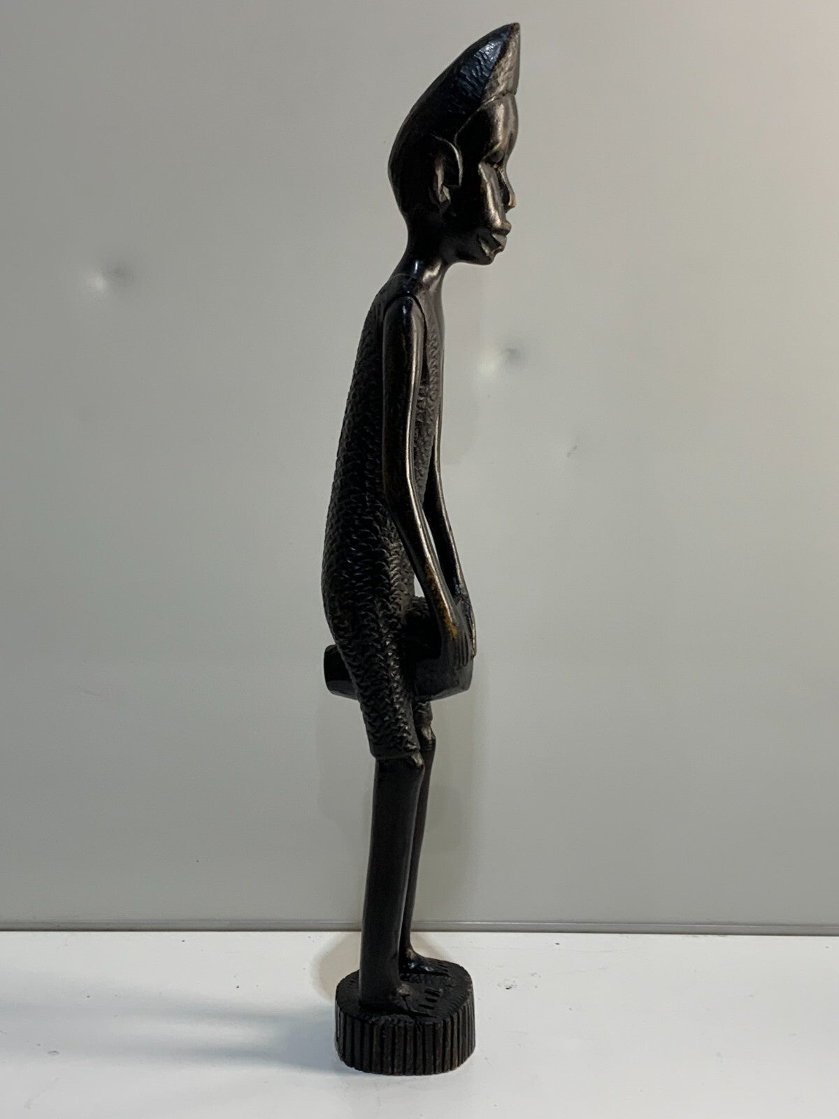African Tribal Hand Carved Heavy Hard Wood Sculpture Playing a drum