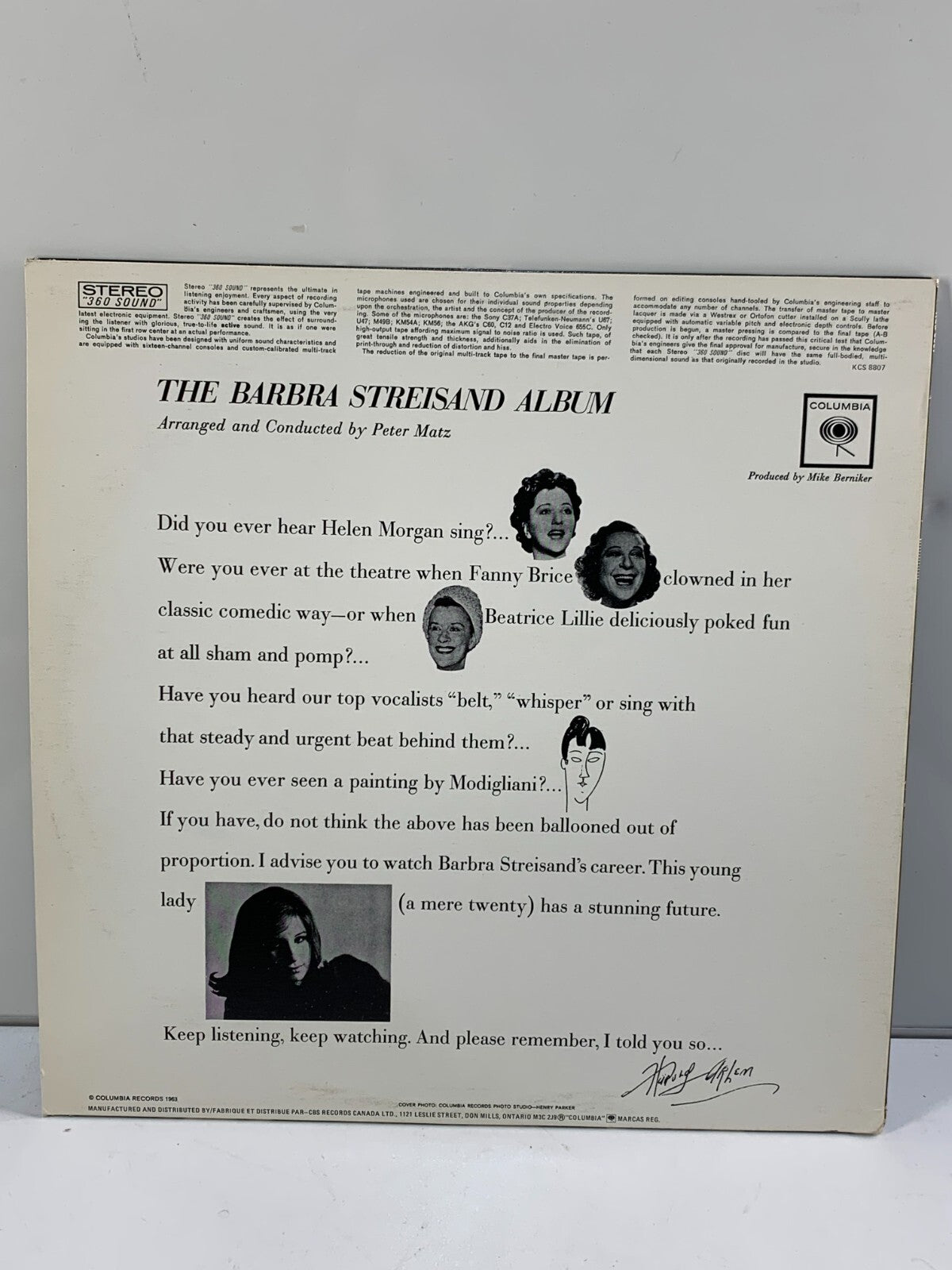 Barbra Streisand, "The Barbra Streisand Album", Stereo CS8807 Columbia VG+
