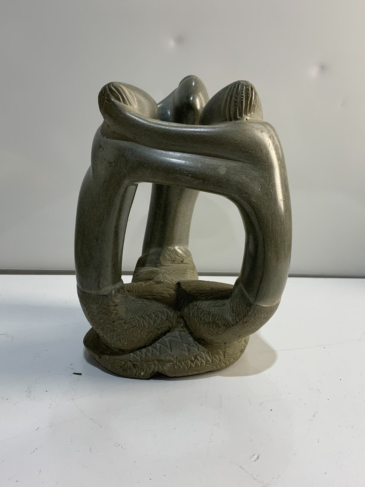 Vintage Hand Carved Green Soapstone 3 person Embracing Figurine