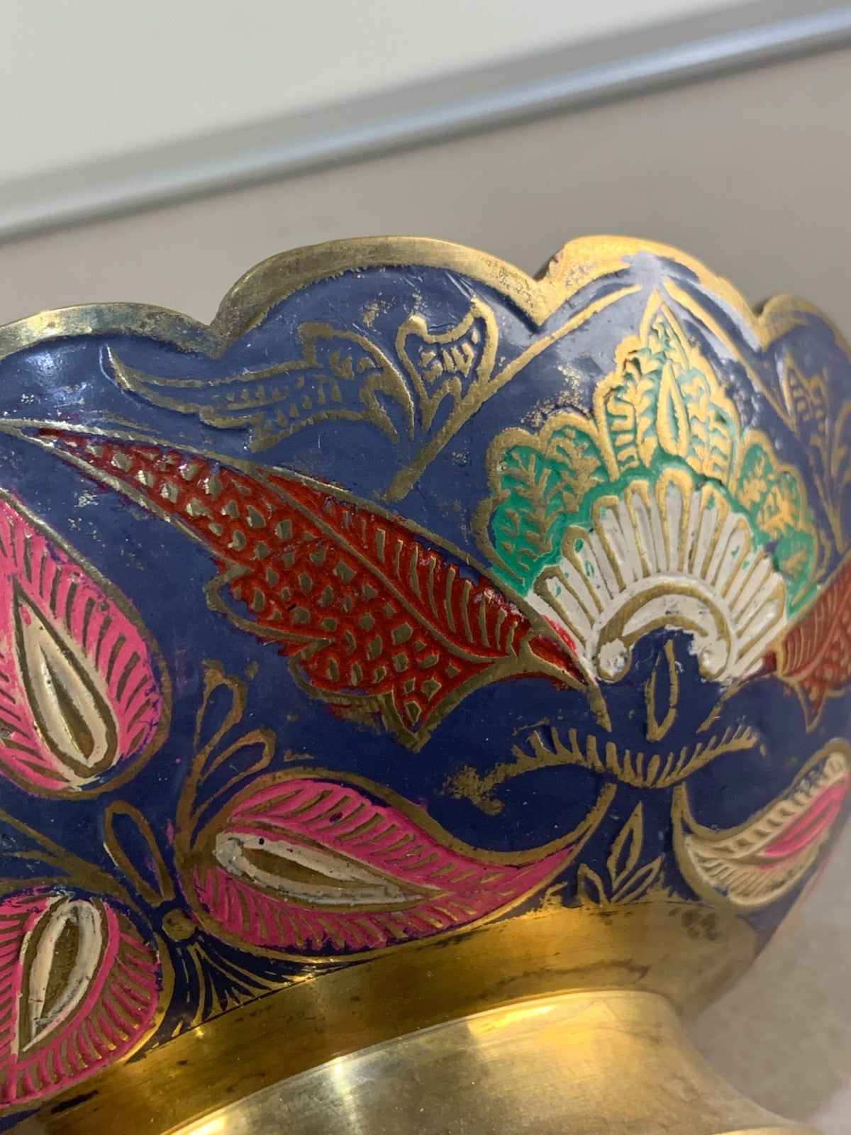 Antique hand engraved colored bowl brass metal and enamel
