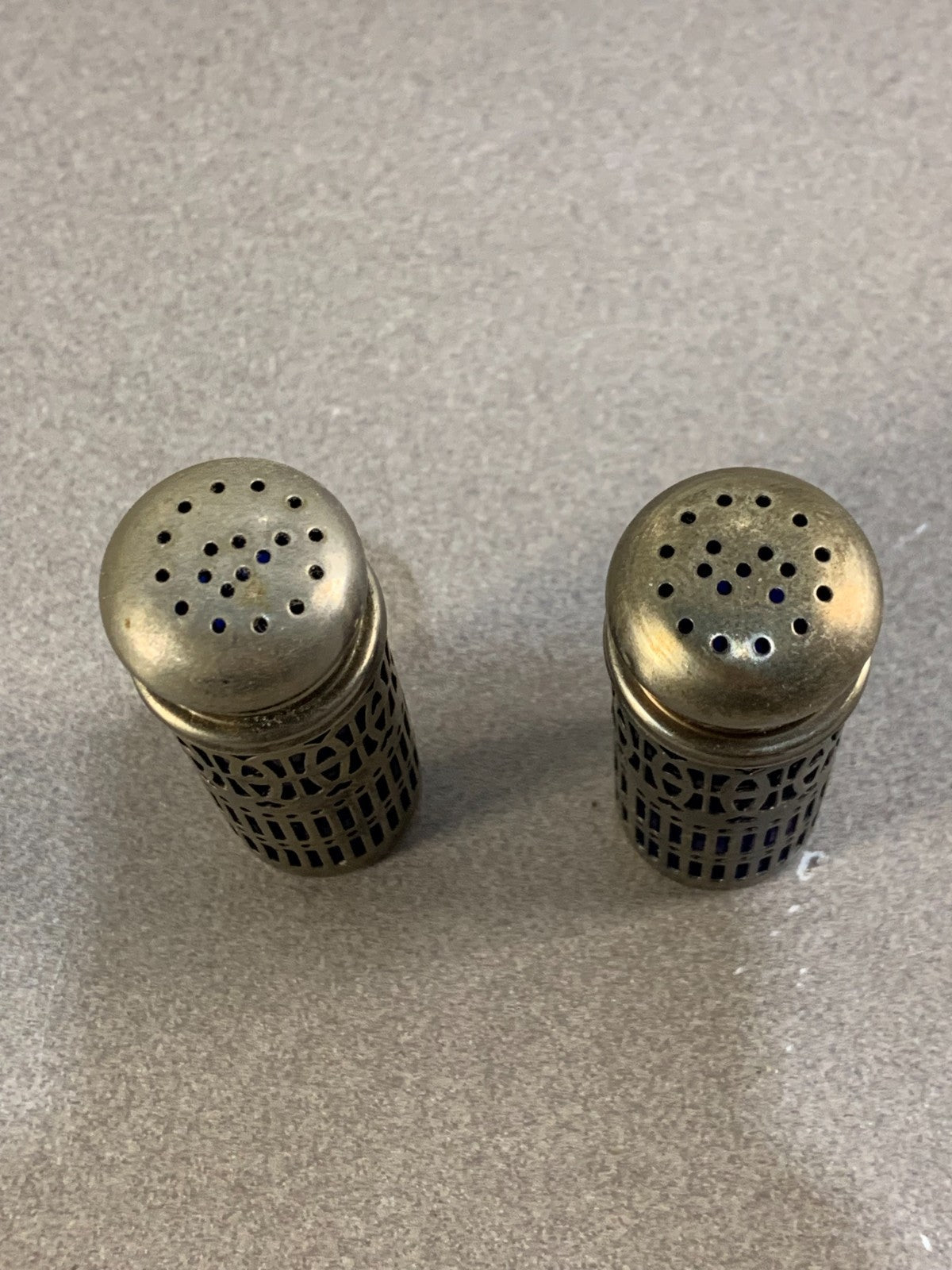 Vintage Silver Cobalt Blue Salt & Pepper Shakers Silver Plate Filigree UK Patent