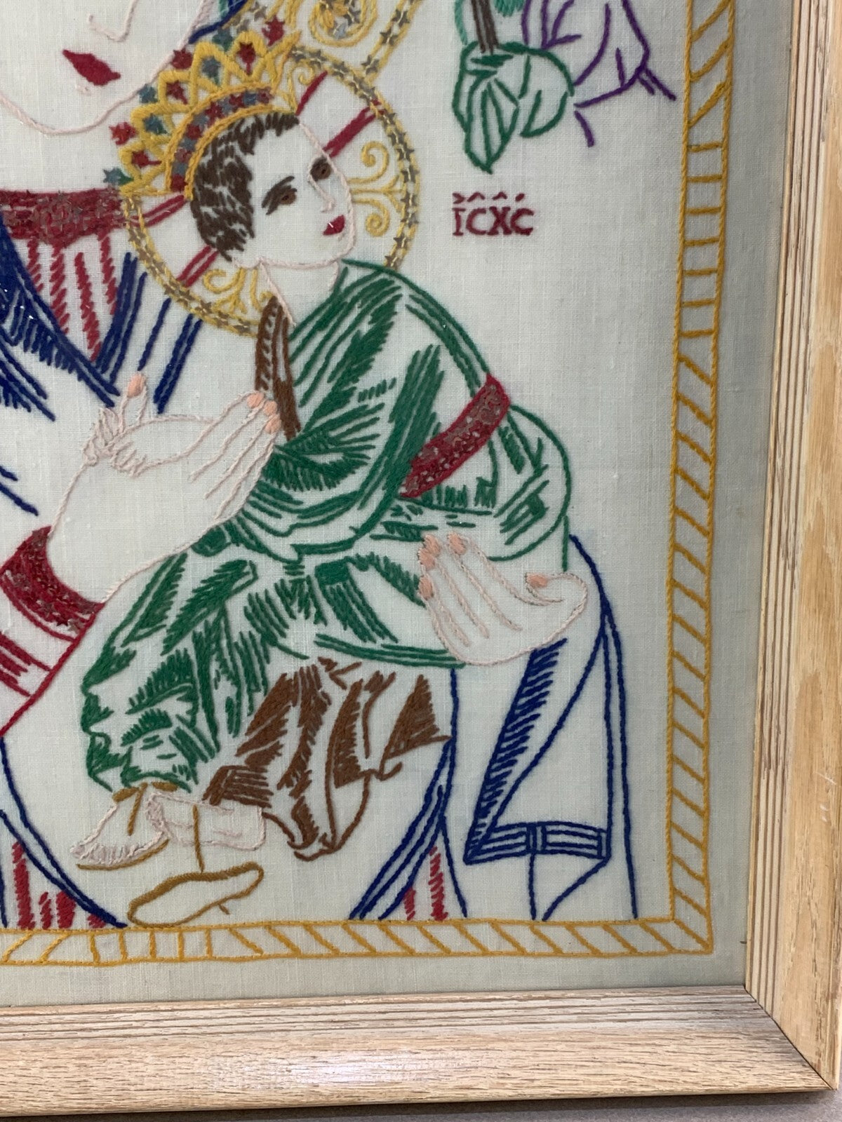 ANTIQUE EARLY 20TH CENTURY RUSSIAN RELIGIOUS ICON "MOTHER OF GOD" NEEDLEPOINT