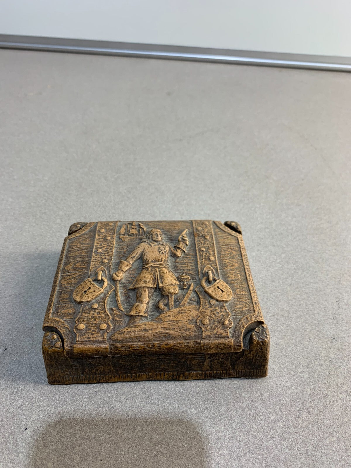Vintage Hand Carved Lidded Soapstone Trinket Box with Peg Leg Pirate Design