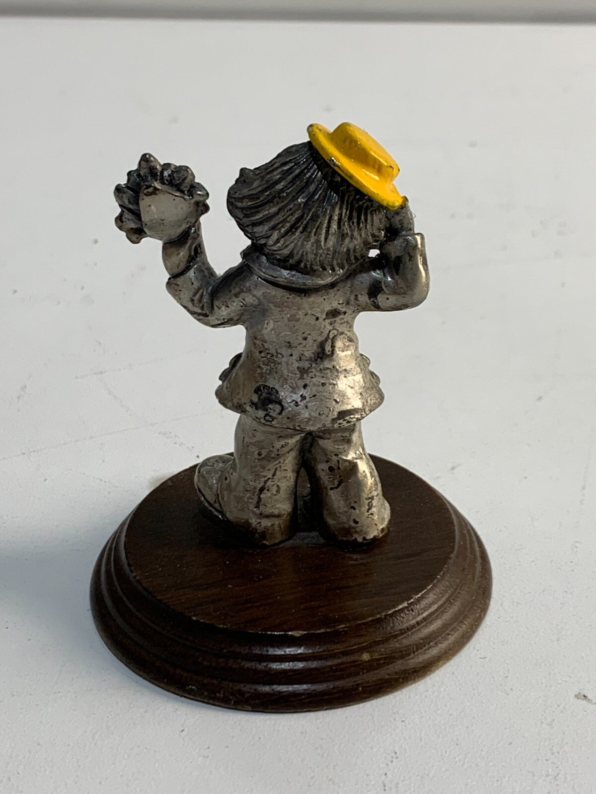 Vintage George Good Cast Pewter Clown On Wood Base With Flowers
