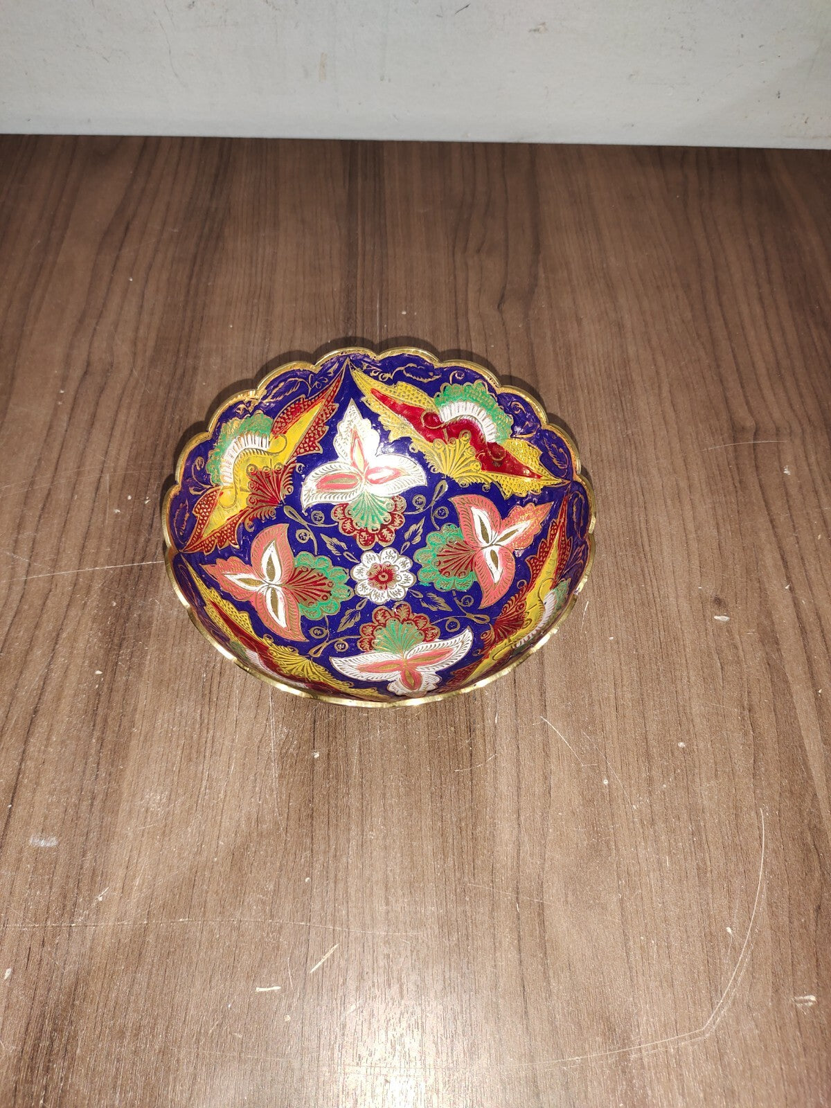 Vintage Indian Etched Brass Metal Flower Pedestal Red Bowl Trinket Dish