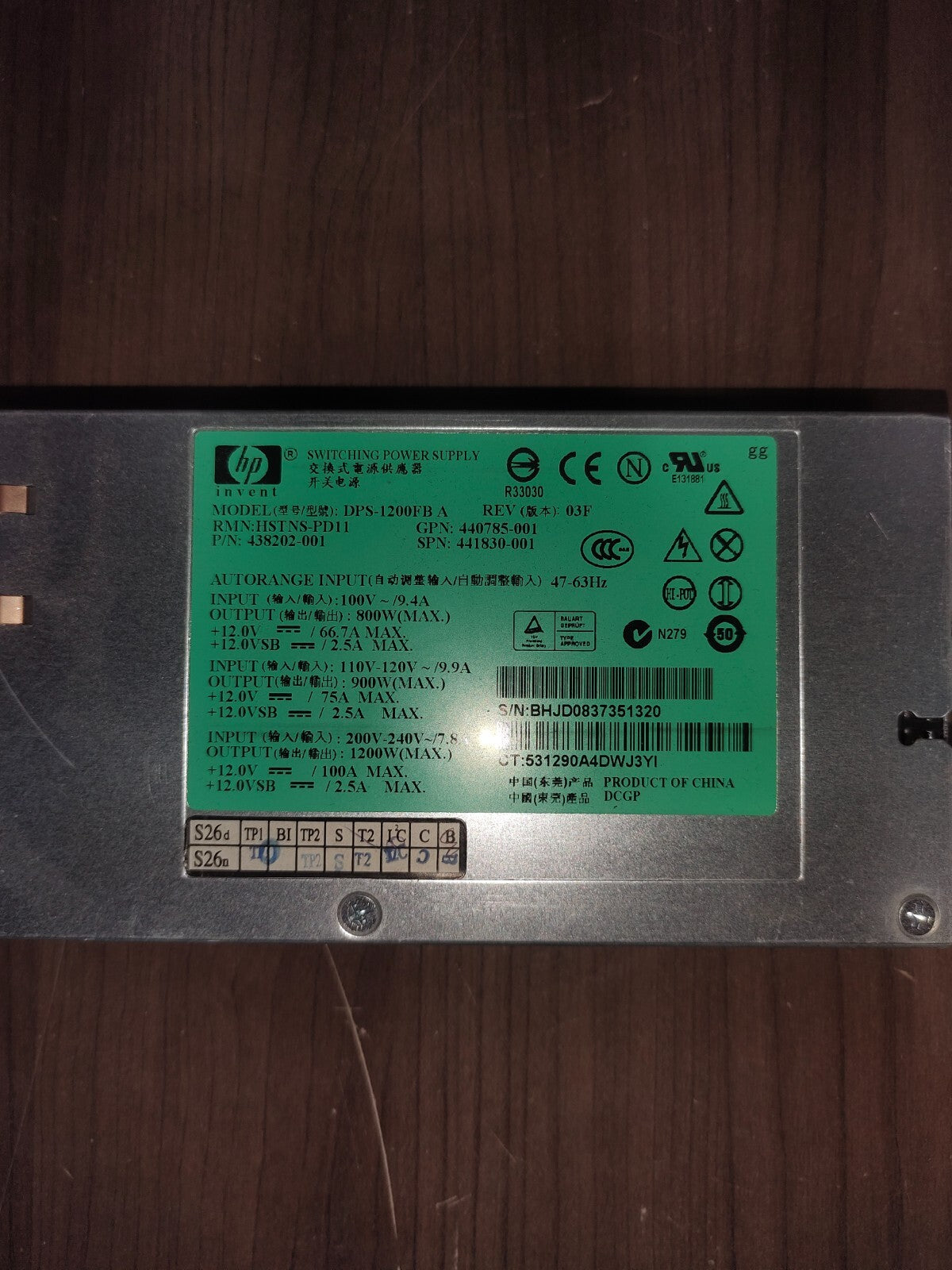HP 1200W Power Supply DPS-1200FB HSTNS-PD11 P/N:438202-001 - 3
