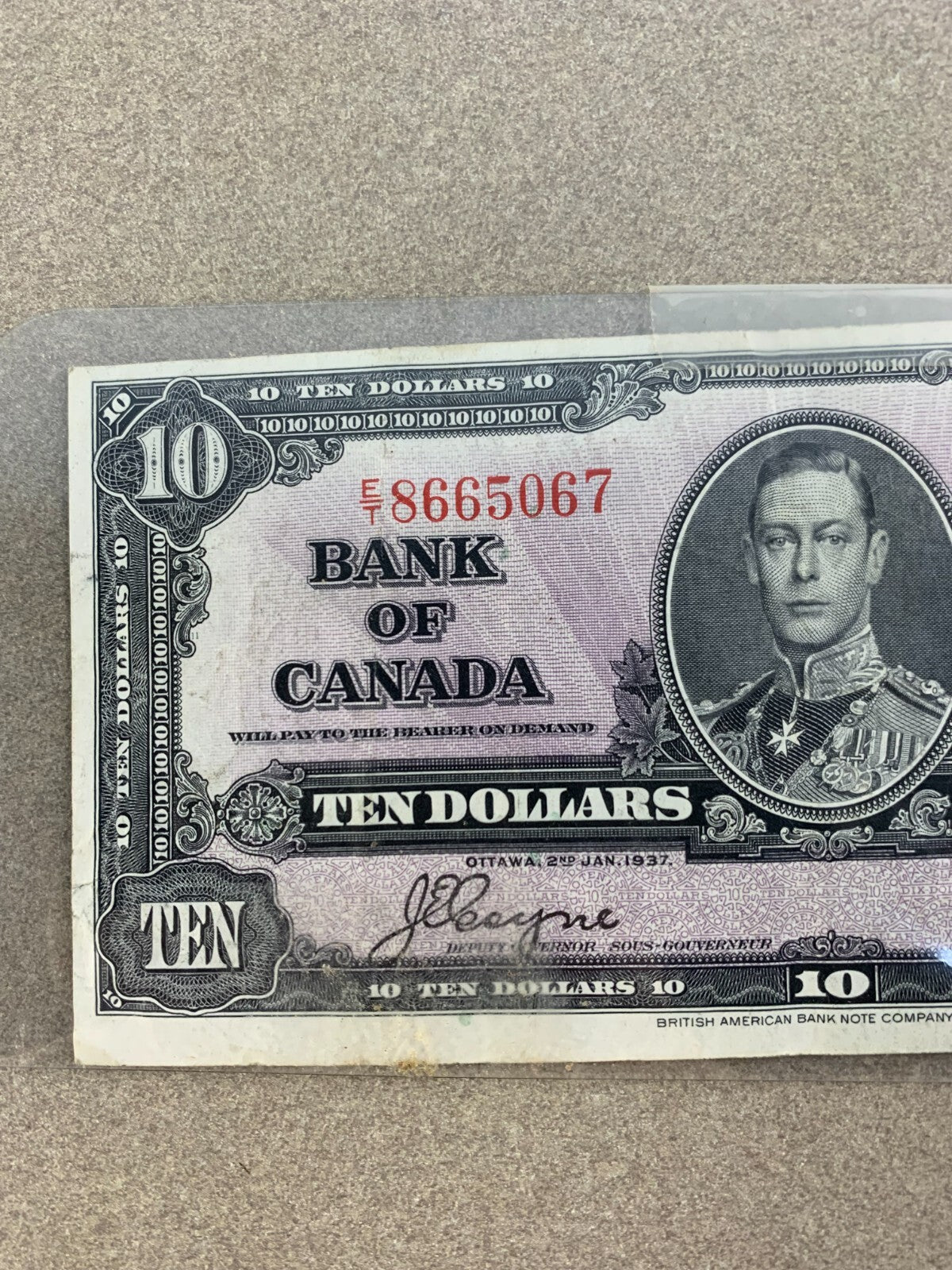 1937 Canada $10 Banknote – Coyne/Towers – Prefix E/T8665067 – King George VI