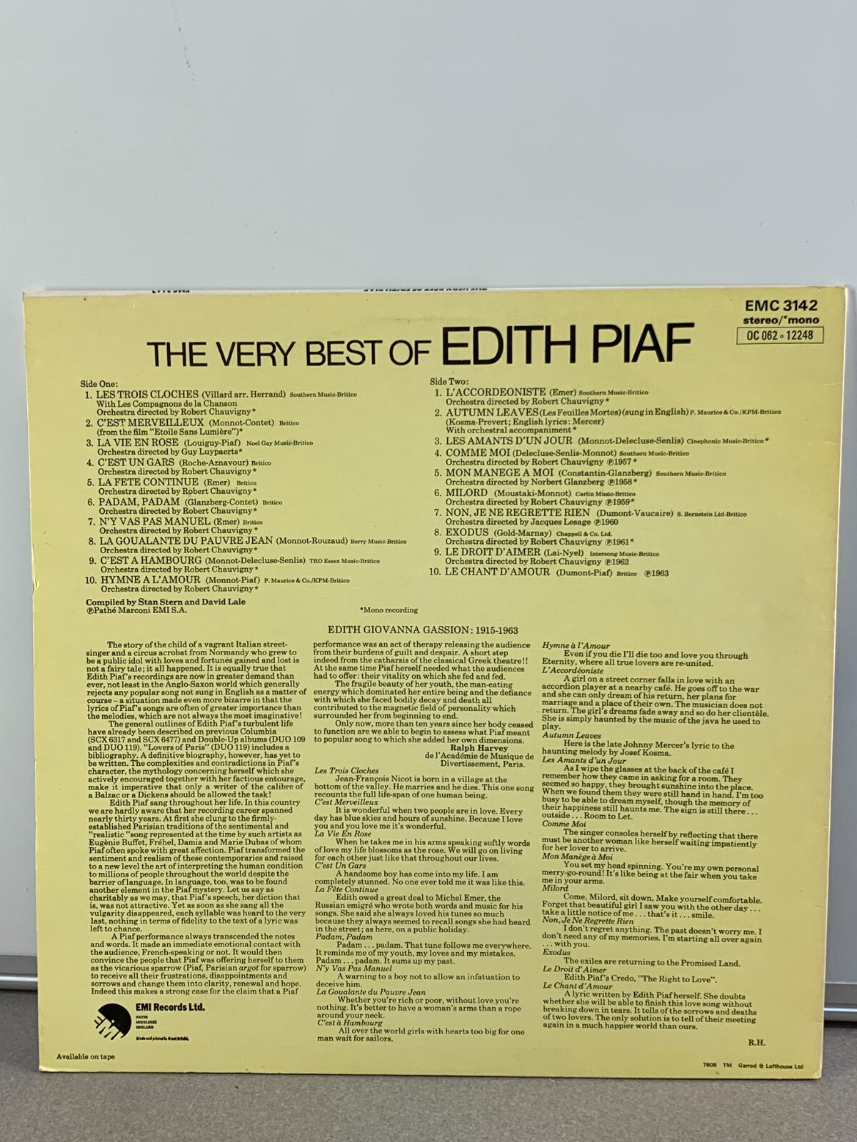 Edith Piaf – The Very Best Of - LP Vinyl EMC 3142 - UK Pressing Chanson EMI