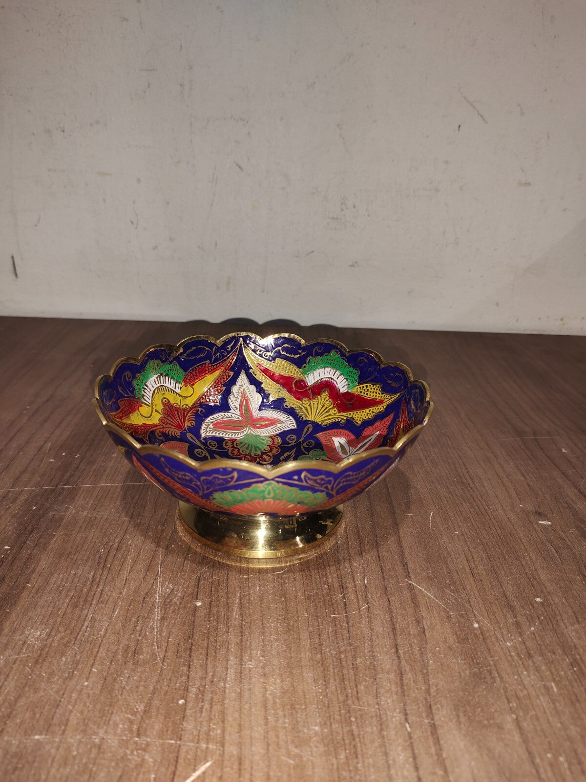 Vintage Indian Etched Brass Metal Flower Pedestal Red Bowl Trinket Dish