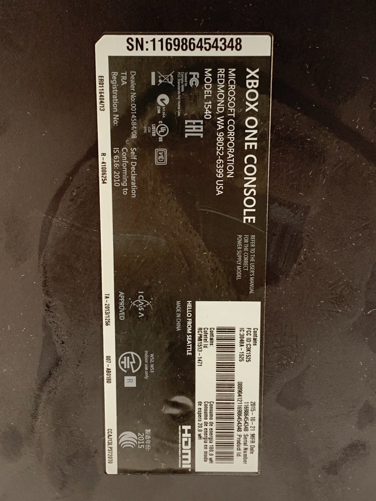 XBOX ONE CONSOLE MODEL 1540.