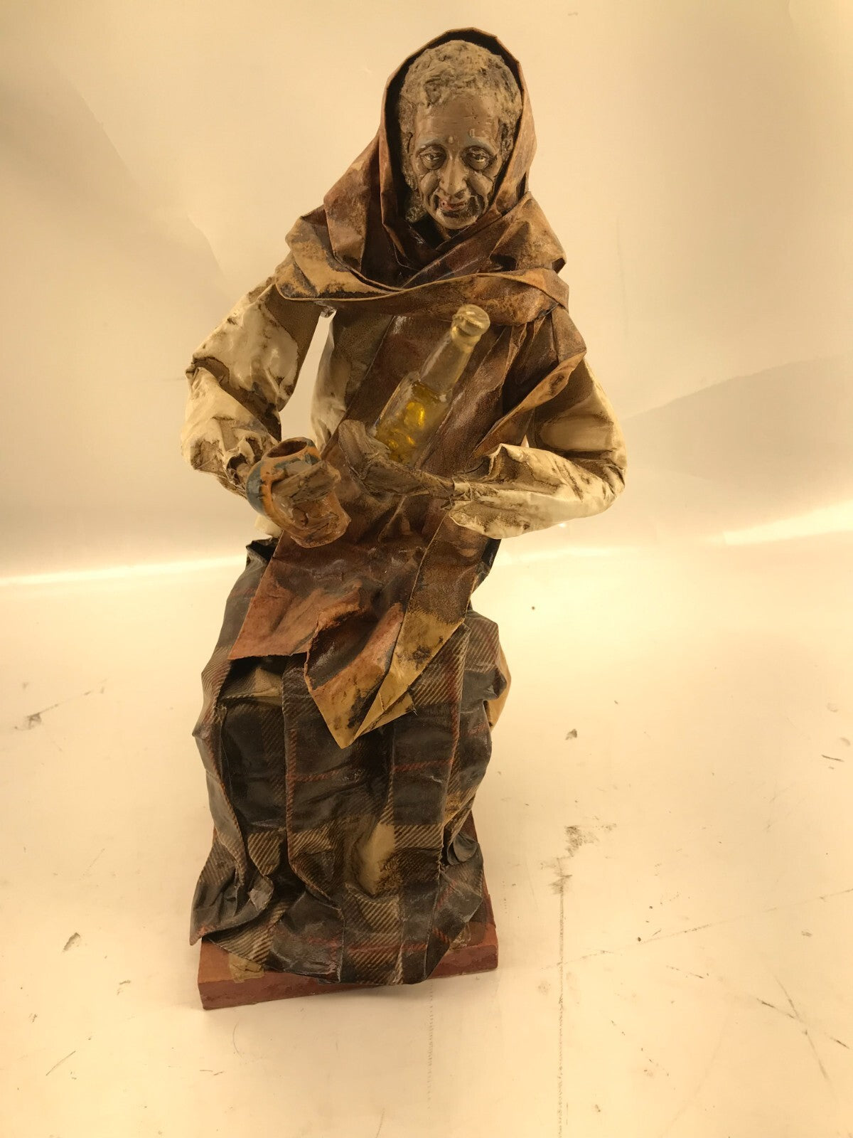 Vintage Mexican folk art paper Mache Old leady holding Beer and mug