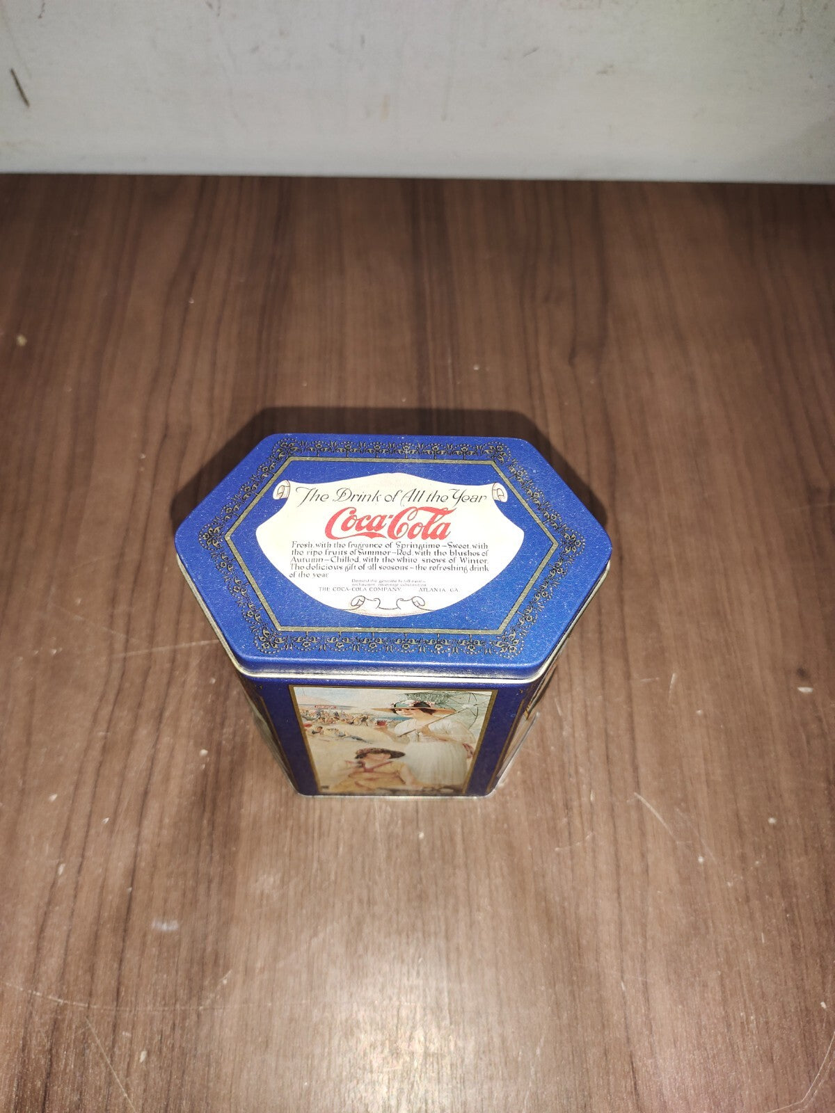 1993 Coca-Cola The Drink of All the Year Blue Collector Tin Hexagon 6 Sided