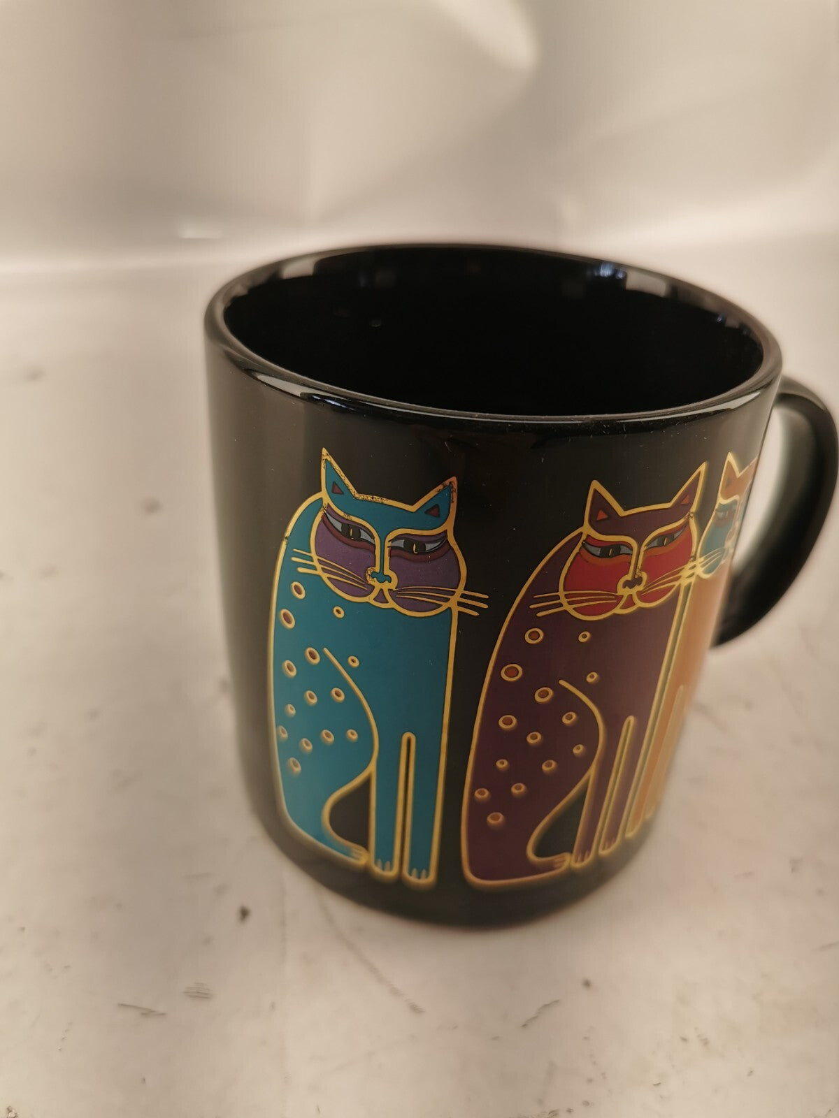 Rare Laurel Burch Rainbow Cats Black Coffee Mug Made in Japan