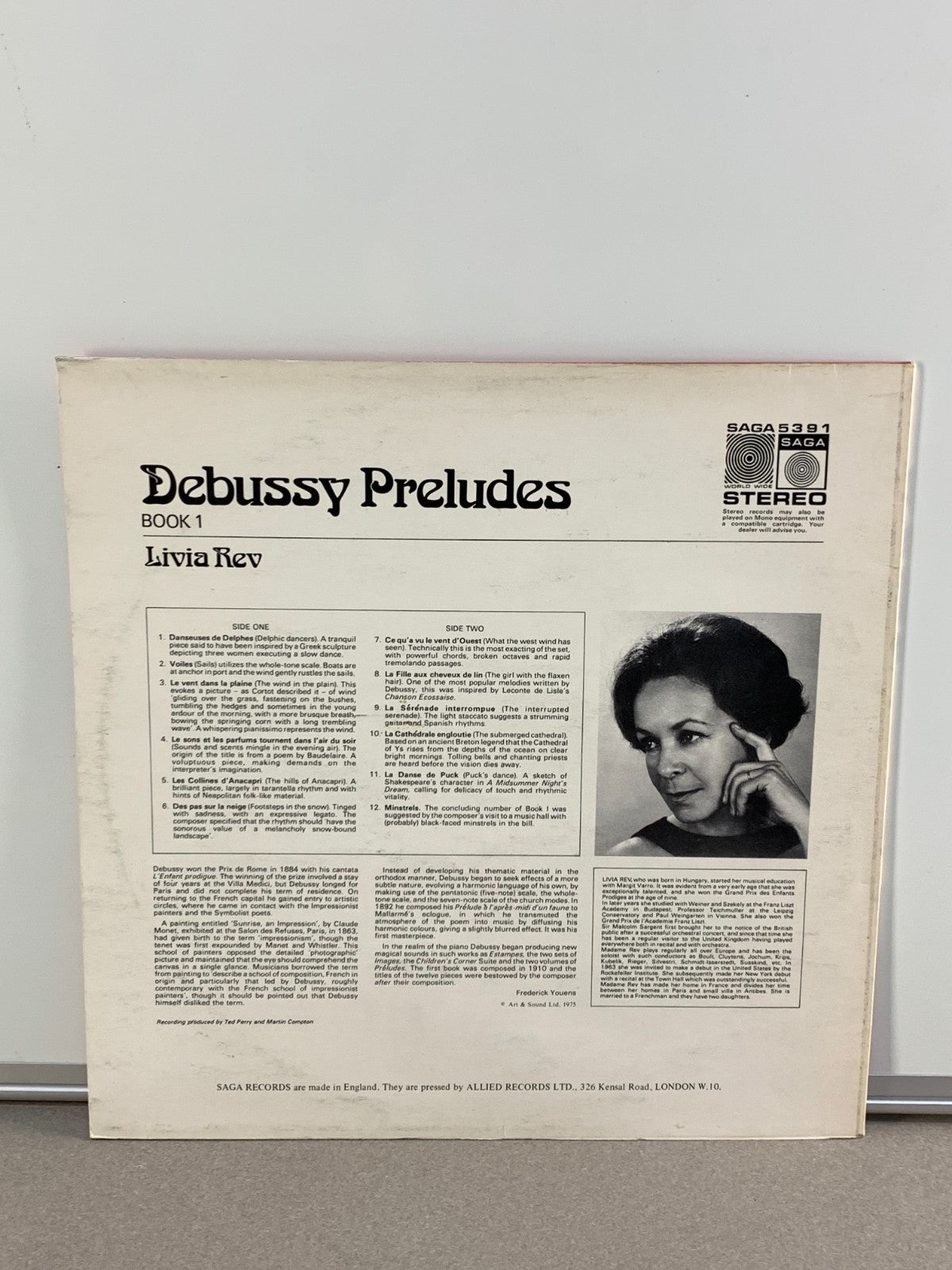 Debussy Préludes Book 1 LP Livia Rev Saga 5391 1975 Classical Vinyl