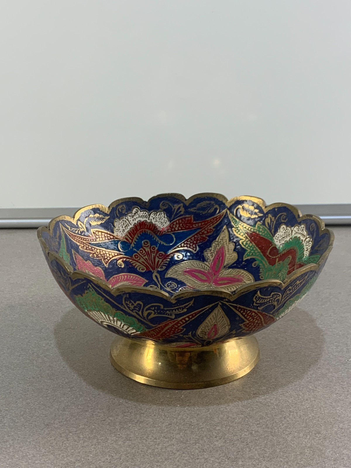 Antique hand engraved colored bowl brass metal and enamel