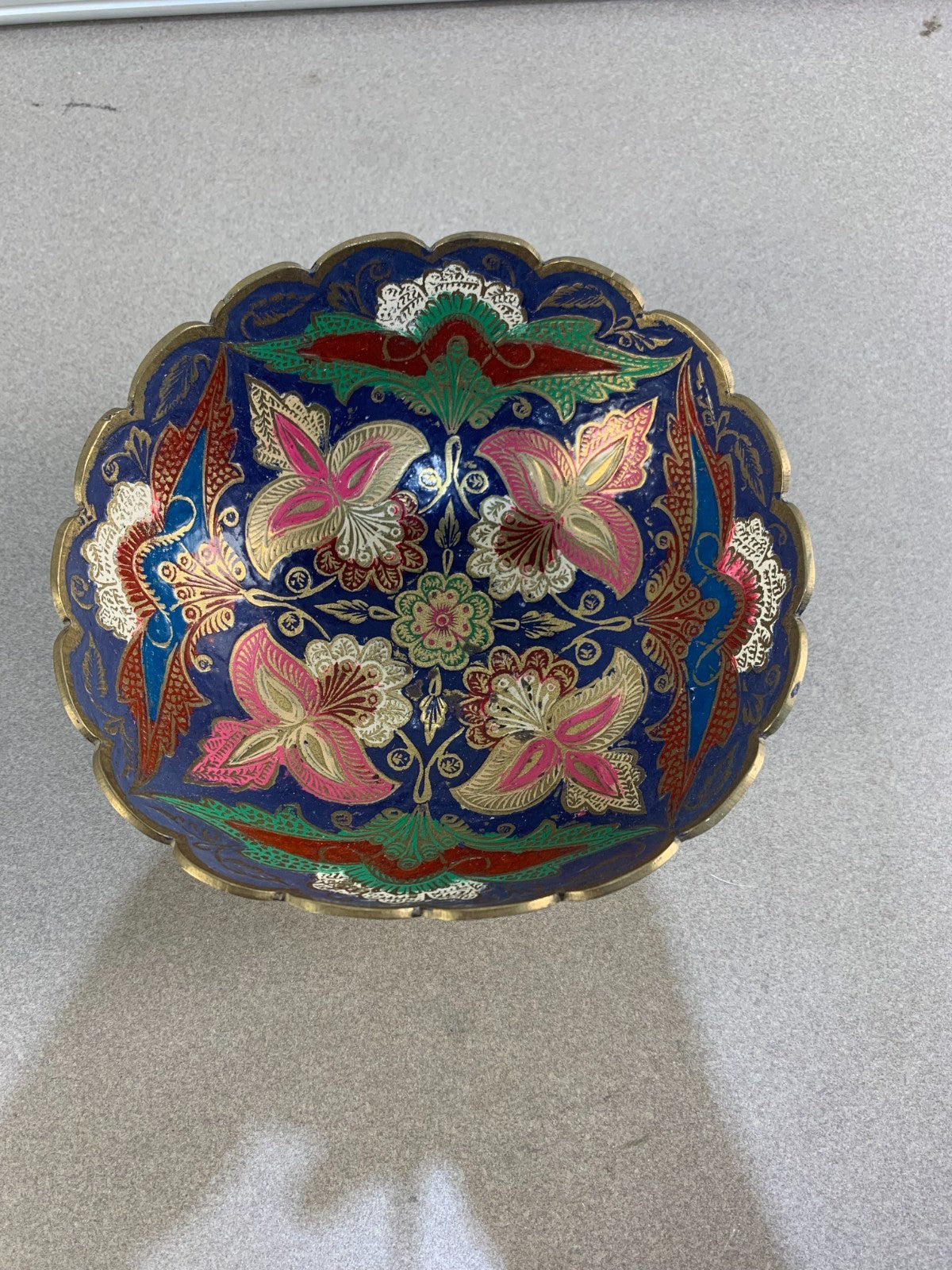 Antique hand engraved colored bowl brass metal and enamel