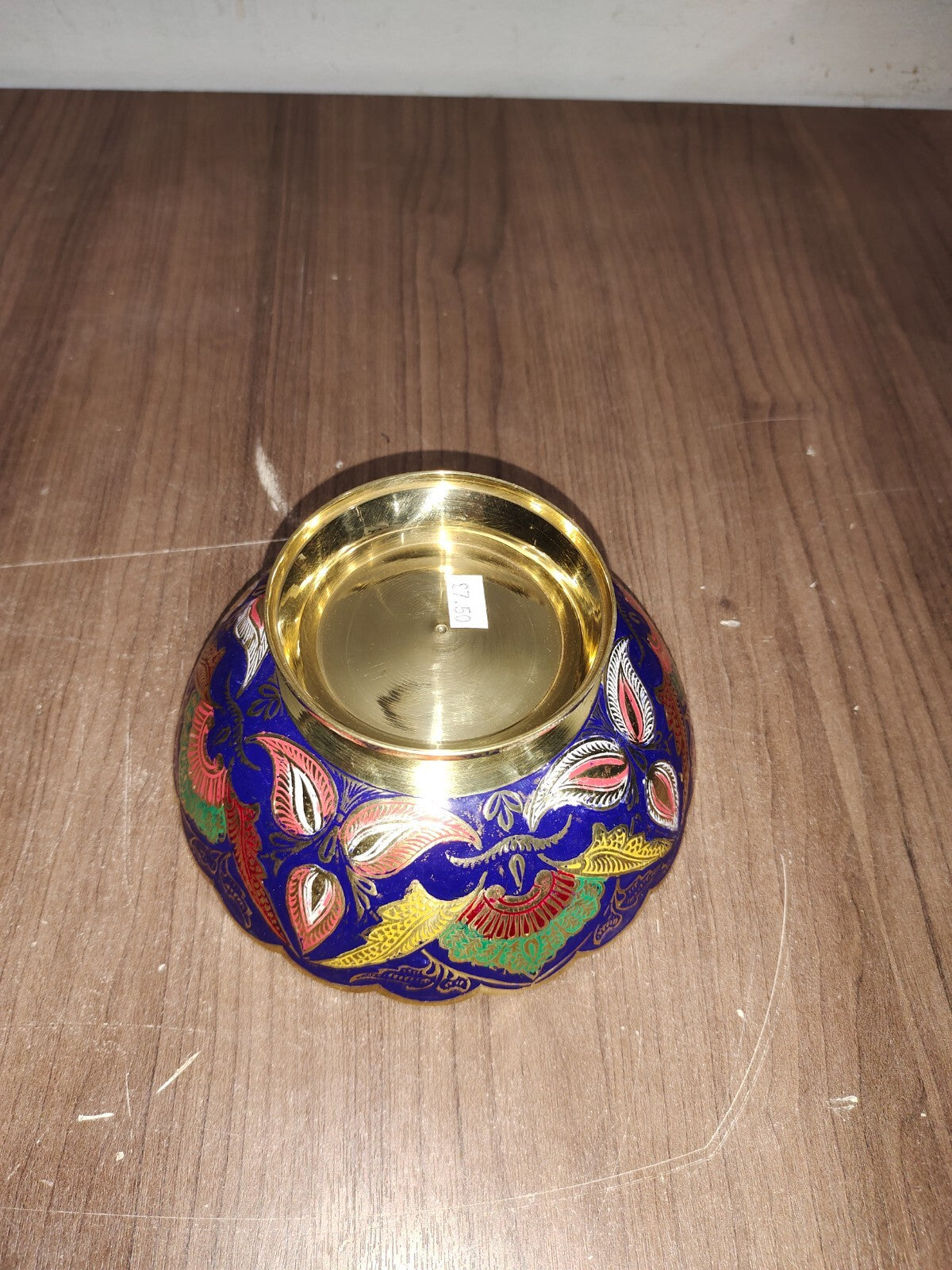 Vintage Indian Etched Brass Metal Flower Pedestal Red Bowl Trinket Dish