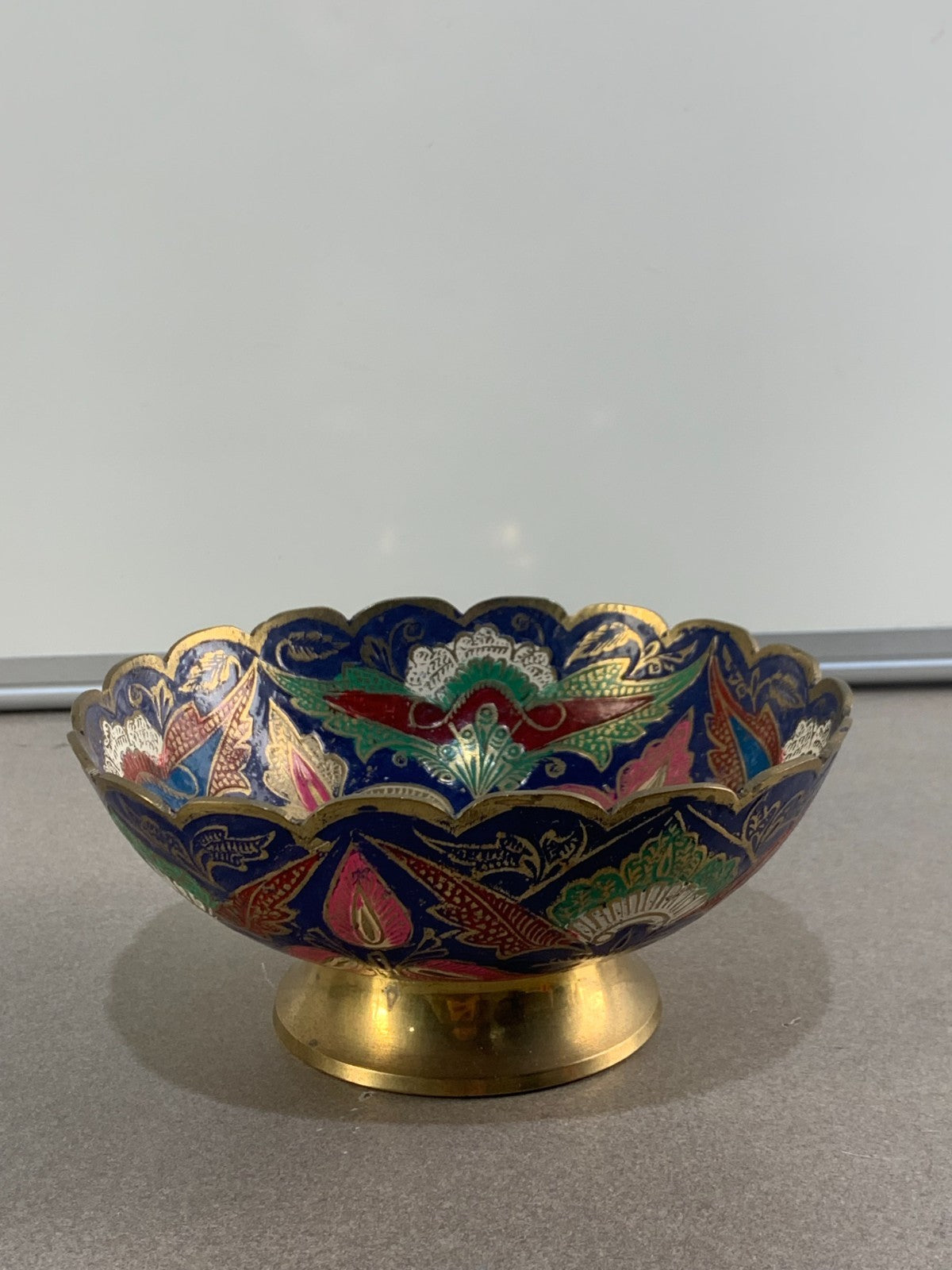 Antique hand engraved colored bowl brass metal and enamel
