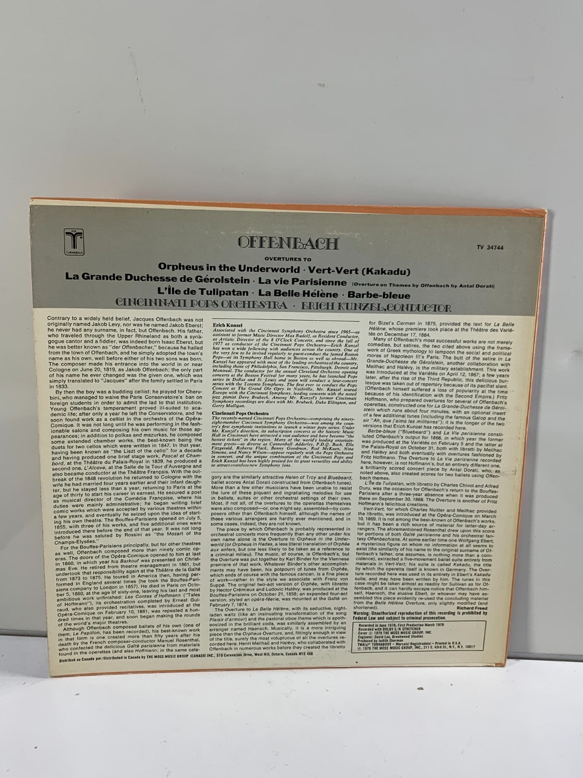 Cincinnati Pops Orch, Erich Kunzel – Offenbach Overtures (Turnabout – TV 34744)