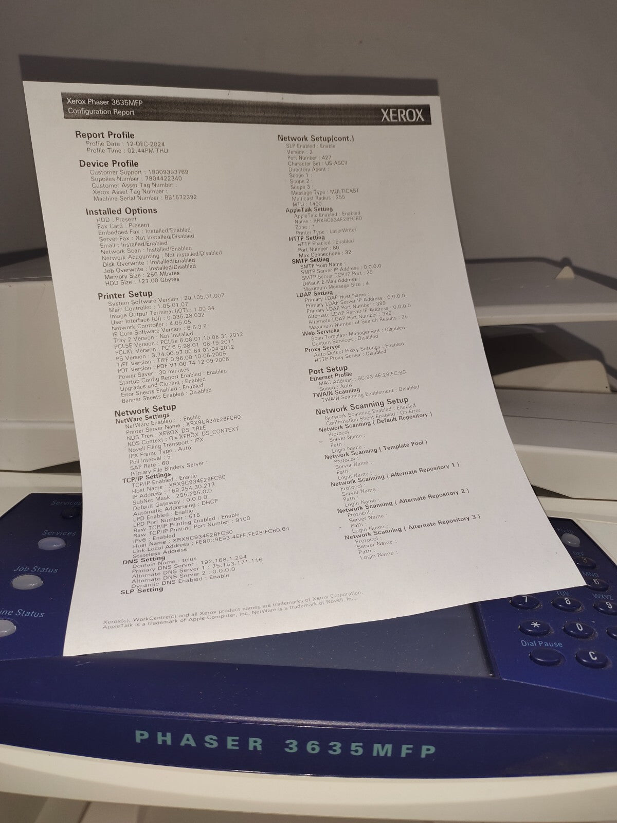 Xerox Phaser 3635MFP MFP Printer Fax Scan Copy USB LAN 7" Color LCD Touch