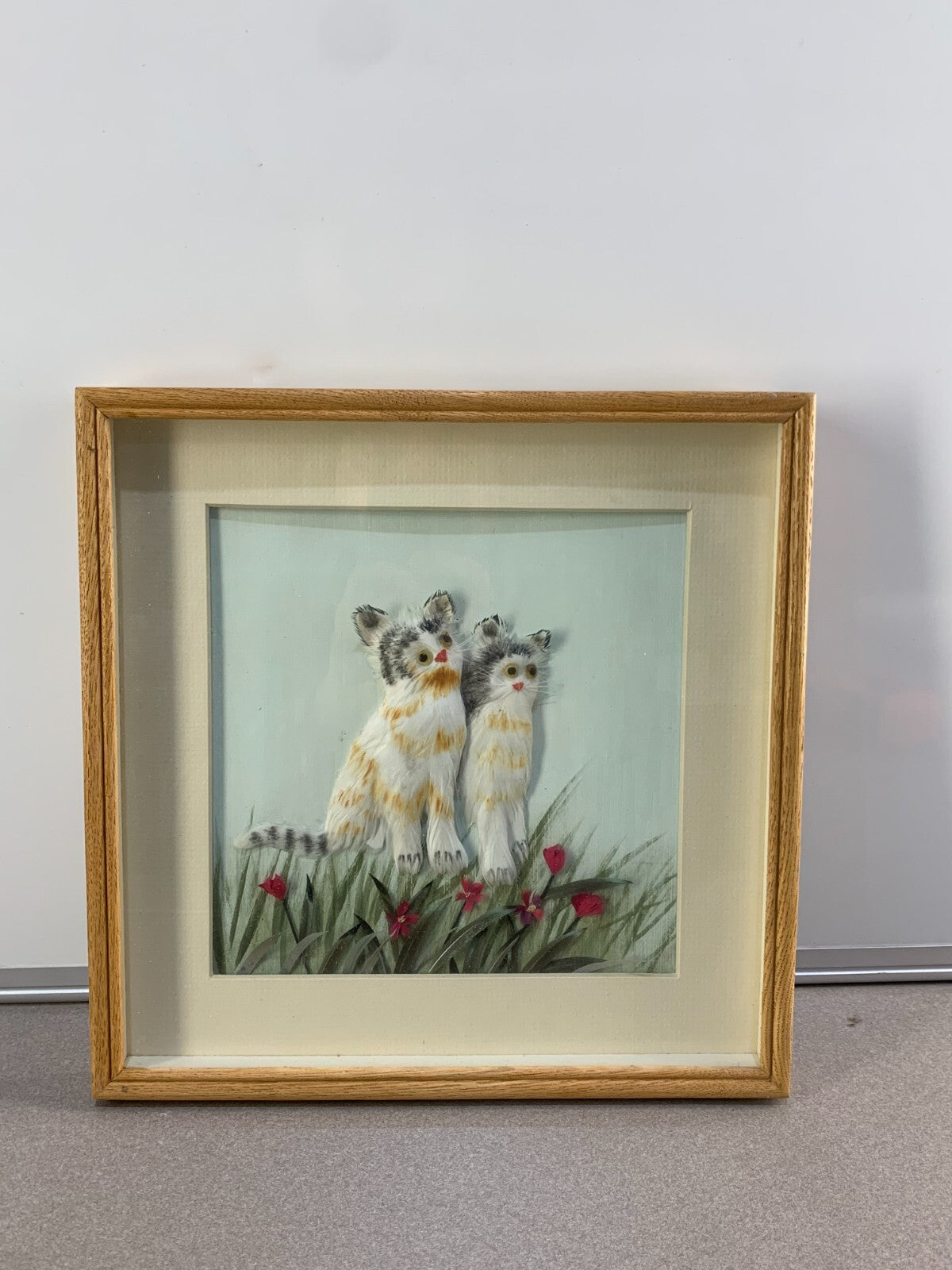 Vintage Feathered Art Cat Kittens 3D Framed Feather Art