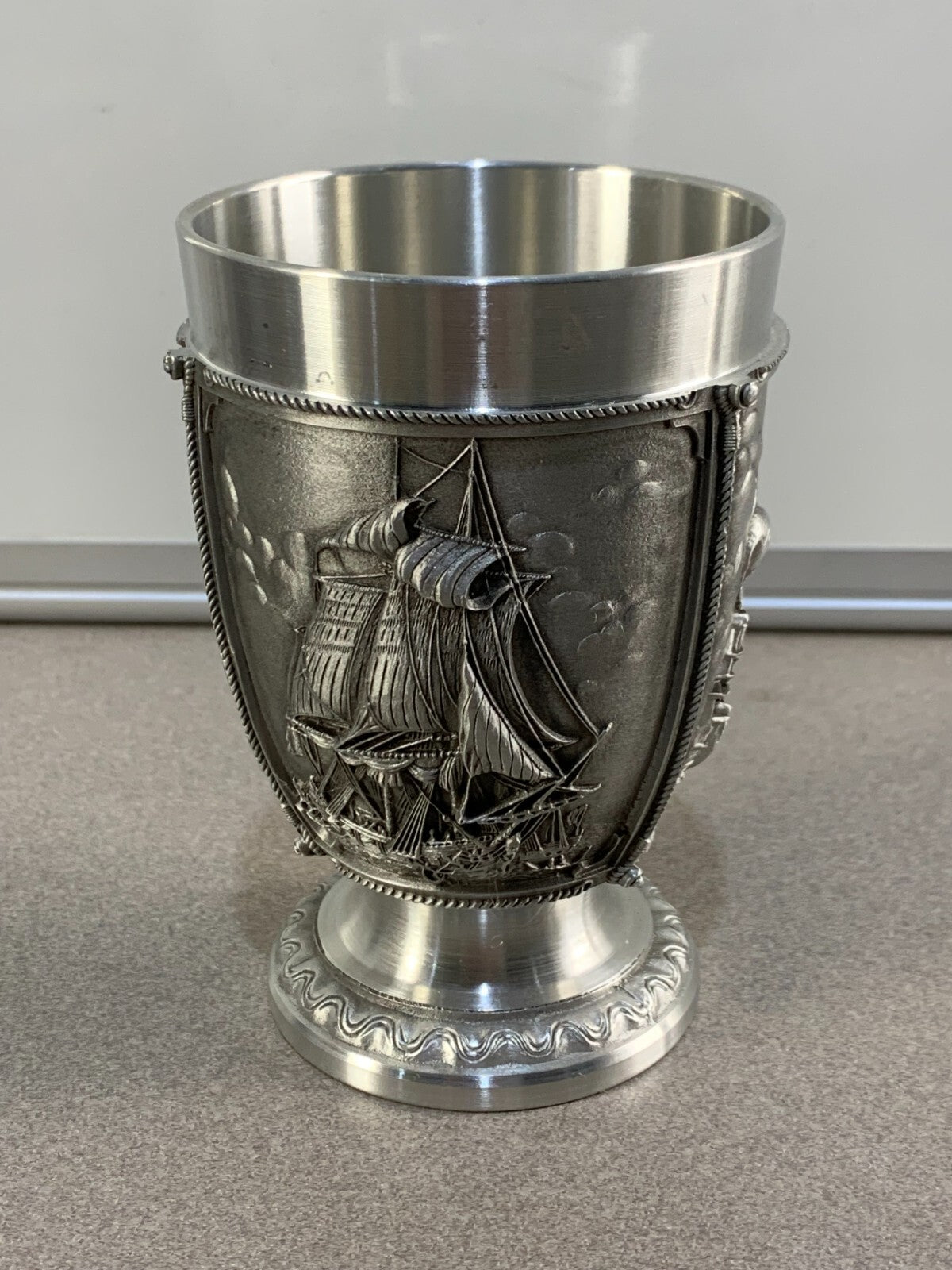 Vintage German Pewter Shot Glass Sail Boat Ship Brigantine Estate