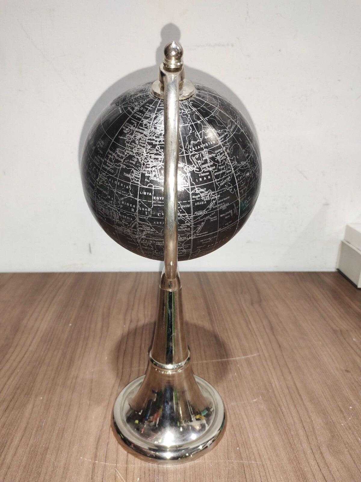 Vintage Silver Metal Base Rotating World Globe 17” Tall - Rare Black