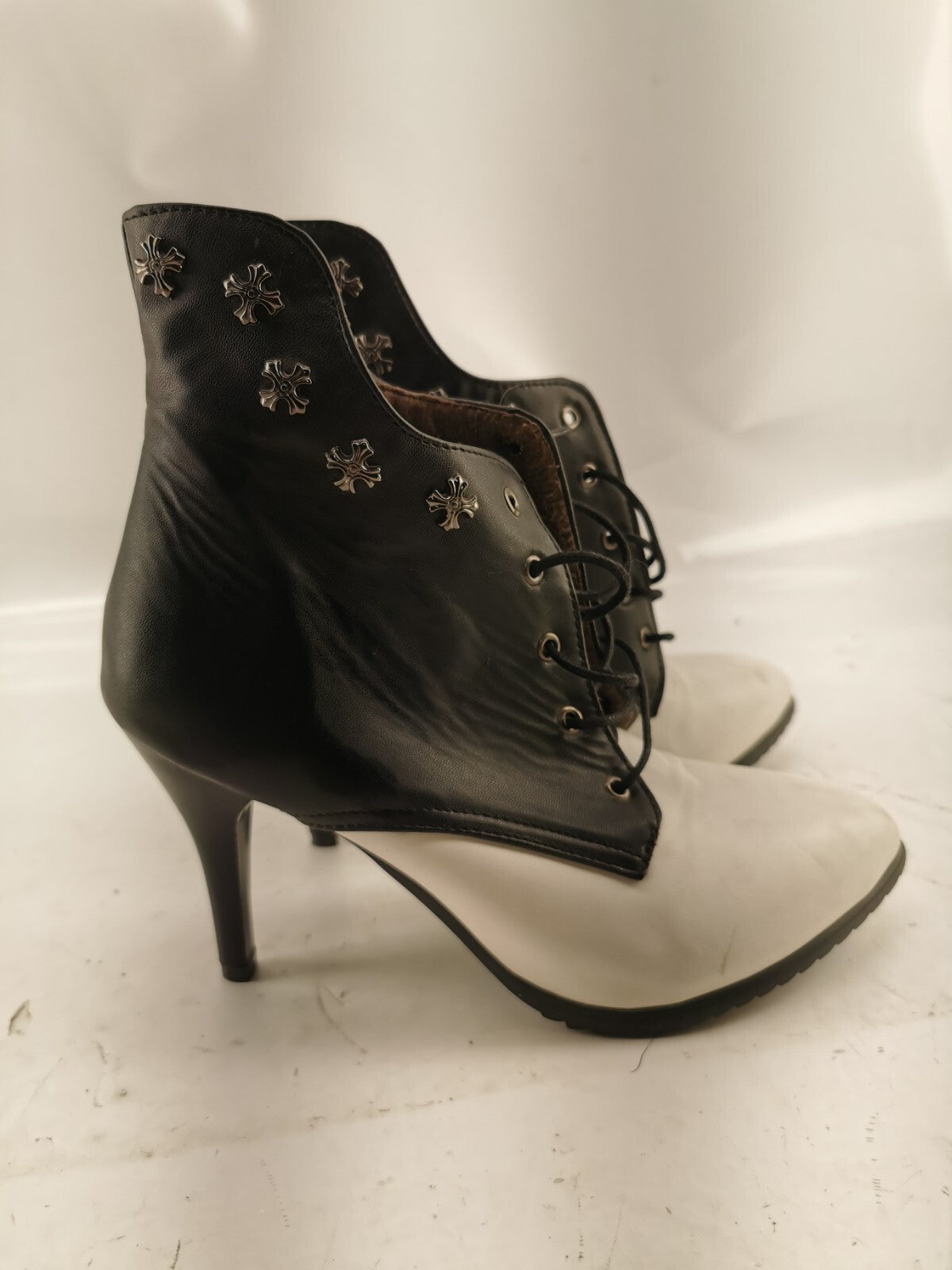Women Patchwork Pointy Toe Kitten Heel Lace Up Ankle Boots Formal Casual Shoes