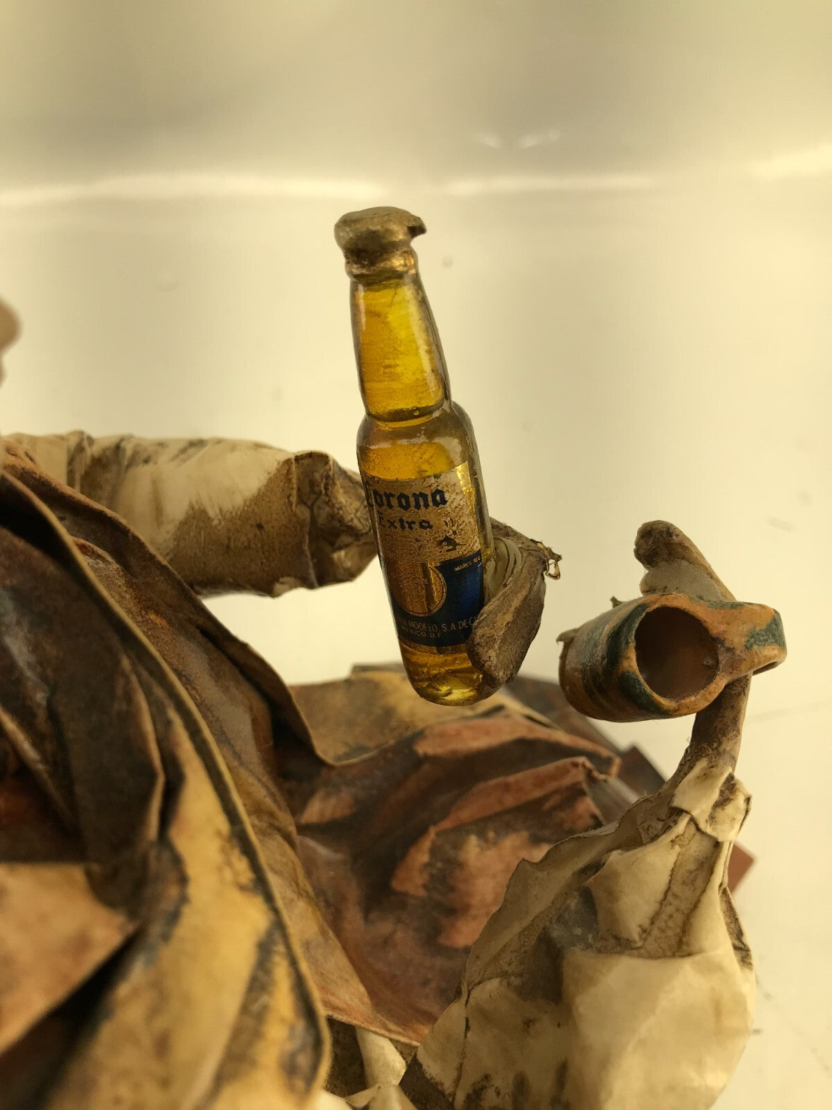 Vintage Mexican folk art paper Mache Old leady holding Beer and mug