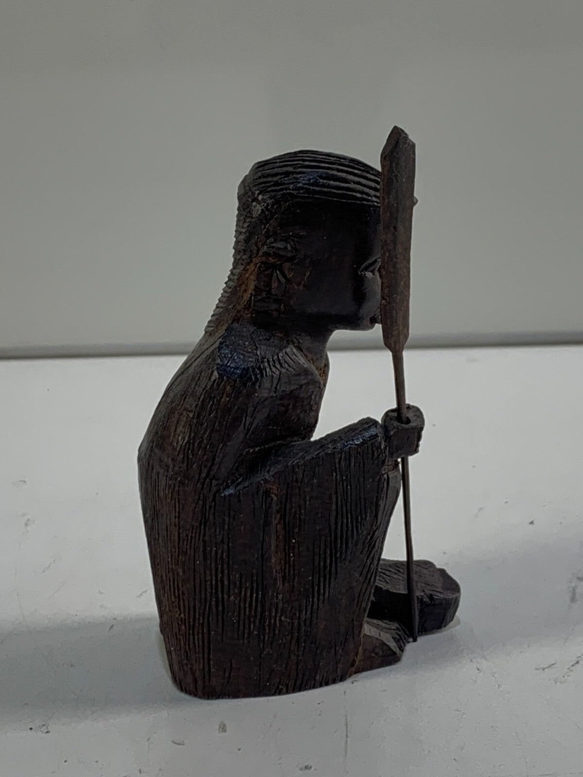 African Ebony Figure Hand Carved Wooden Statue Traditional Warrior Hunter