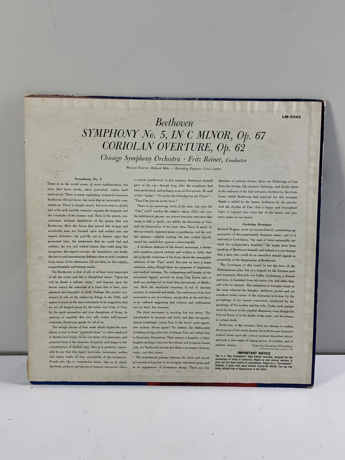 Beethoven/Reiner-Symphony No. 5, In C Minor, Op. 67/ Coriol LSC-2343 Vinyl 12"
