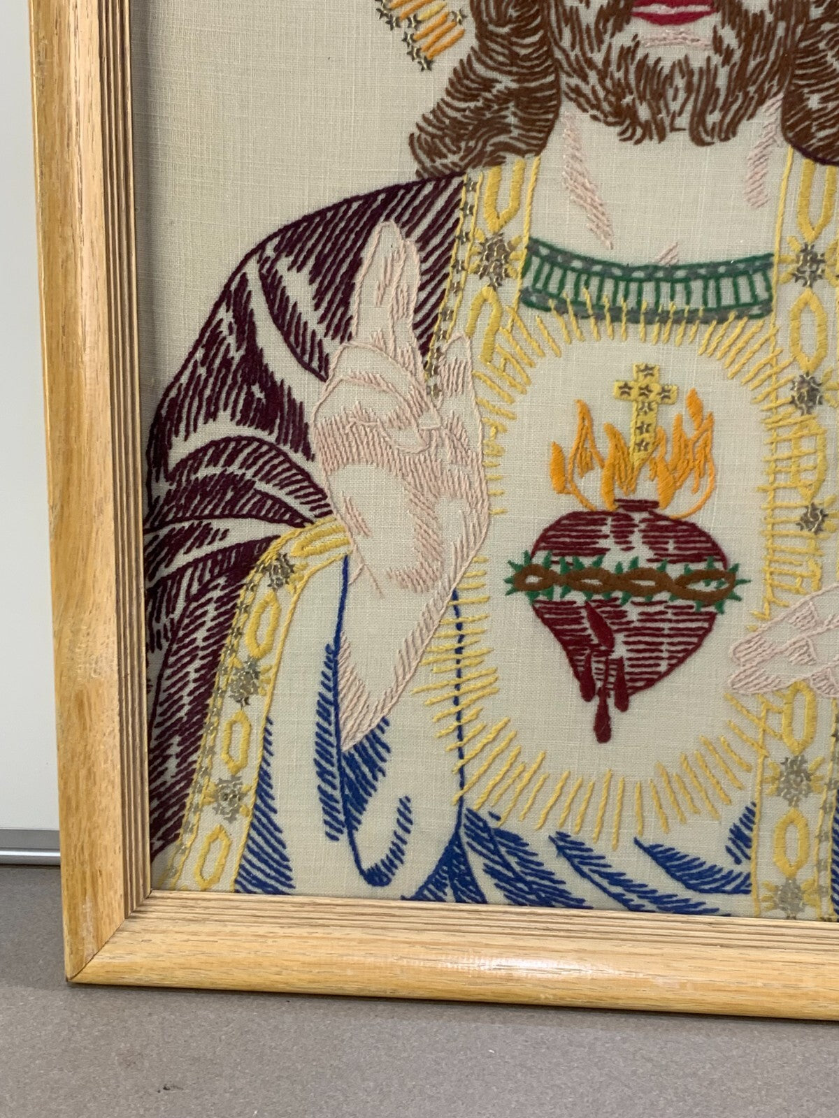 Vintage Jesus Sacred Heart Embroidery Unique Rare Art Folk Religious Outsider