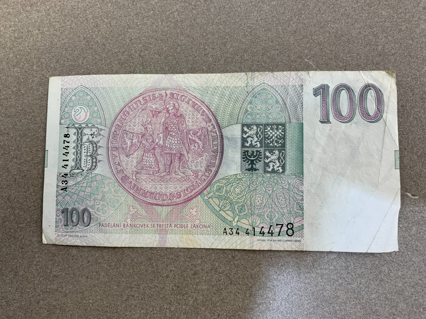 1993 Czech Republic 100 Korun – First Issue – Serial A34 414478