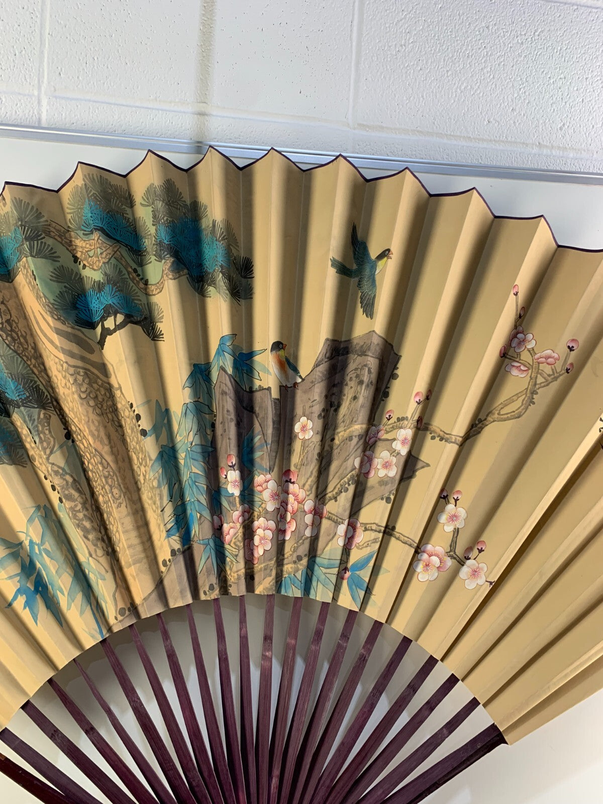 Vintage Large Chinese Wall Art Fan Landscape Birds Plum Blossoms Hand Painted