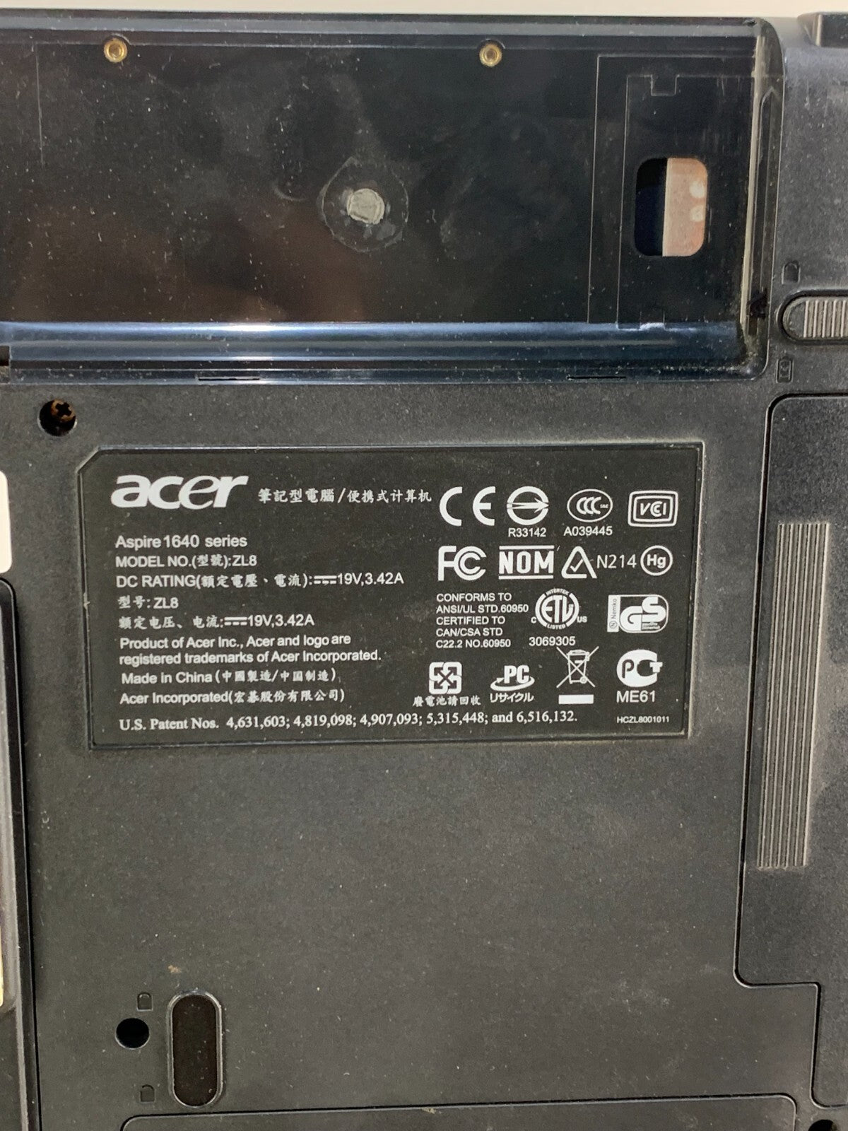 Acer Aspire 1640 Series, Intel Centrino Laptop, Windows 7, No battery