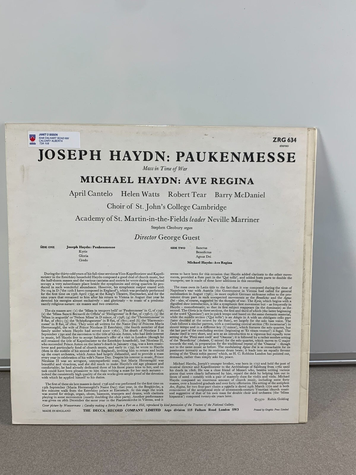 ARGO J. HAYDN ASMF GUEST PAUKENMESSE M. HAYDN AVE REGINA ZRG 634 STEREO