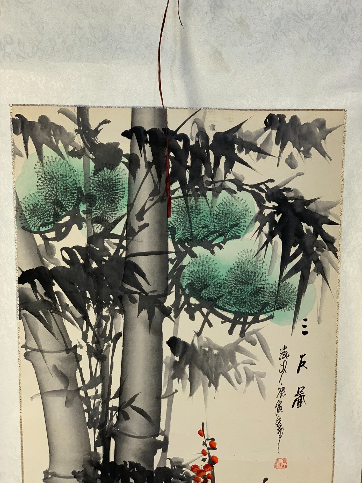 Rare Chinese Scroll Painting Bamboo & Plum Blossom – Calligraphy by Ding Yanyong